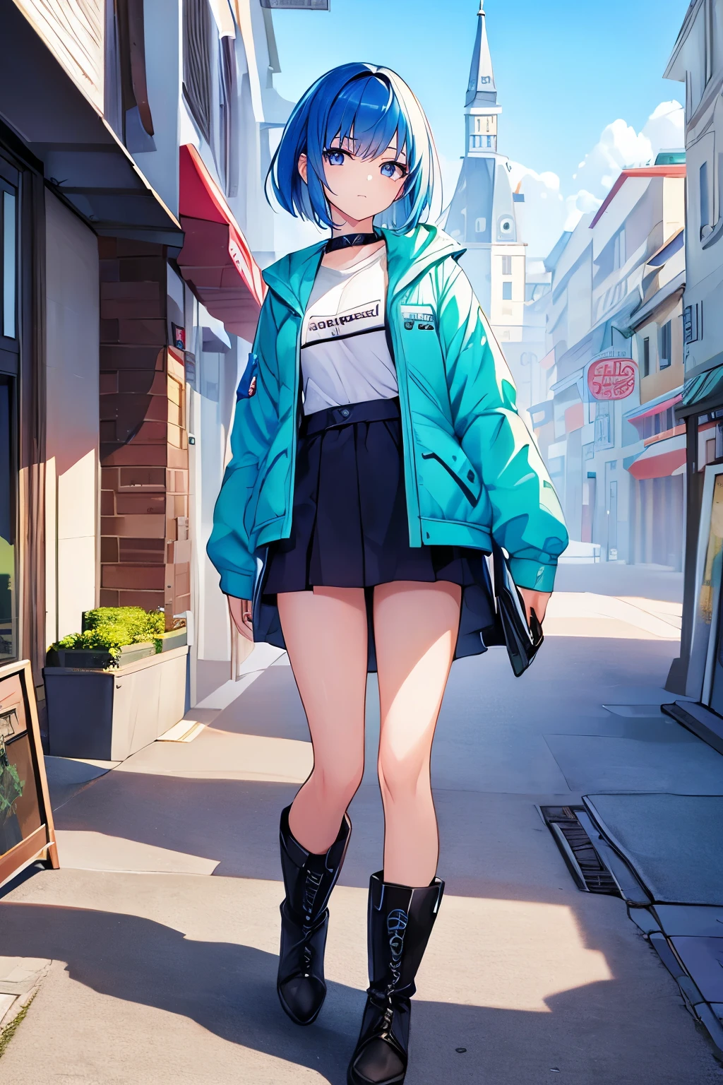 ((masterpiece)), ((highest quality)), ((High resolution)), ((Highly detailed 8k wallpaper)), full body image, 1 girl, Queen, blue hair, Sorry face, A girl with purple eyes wearing a mint green down jacket and a white T-shirt, boots, One mole on the right cheek, bob cut, anime moe art style, highly detailed characters, 8K, city center, Are standing