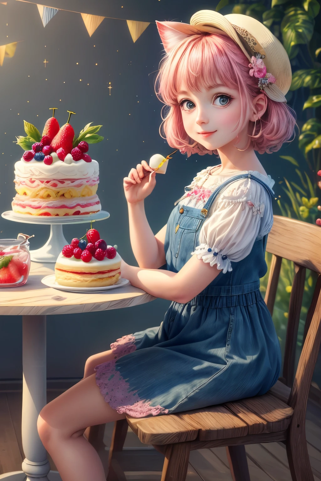 (best quality,4k,8k,highres,masterpiece:1.2),cute,adorable,eye-catching,with an audience,easy background,food,sparkles,fruits,cat,pink background,cake,strawberries,cherries,food focus,blueberries