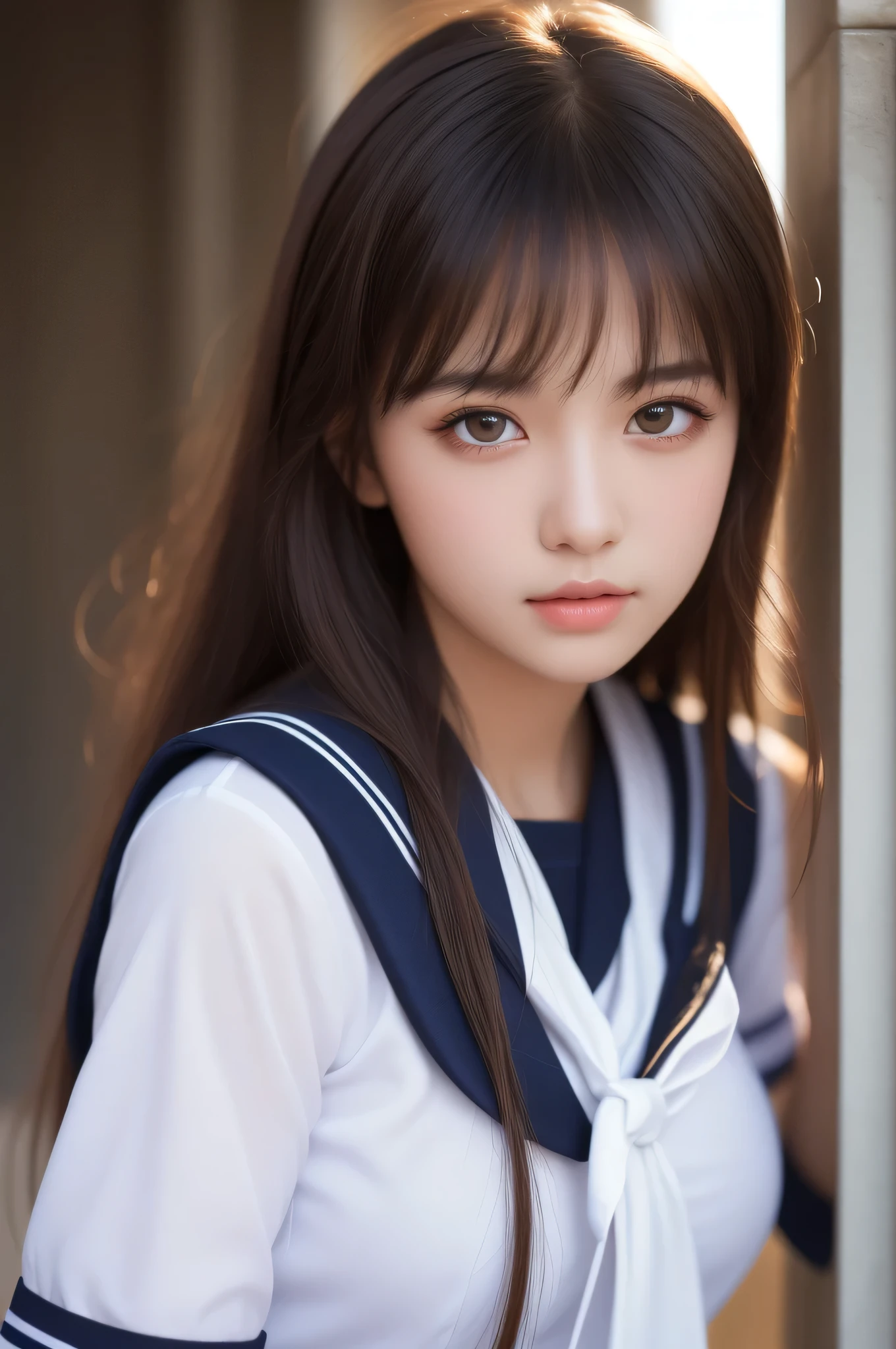 1 girl, (highest quality:1.4), (super detailed), (Highly detailed beautiful face), wonderful face and eyes, black eye, black hair, (sailor suit, school uniform:1.2), (cleavage), Smooth, Highly detailed CG integrated 8k wallpaper, High-definition RAW color photo, professional photos, light, Backlight, dream-like, impressive, Depth of the bounds written