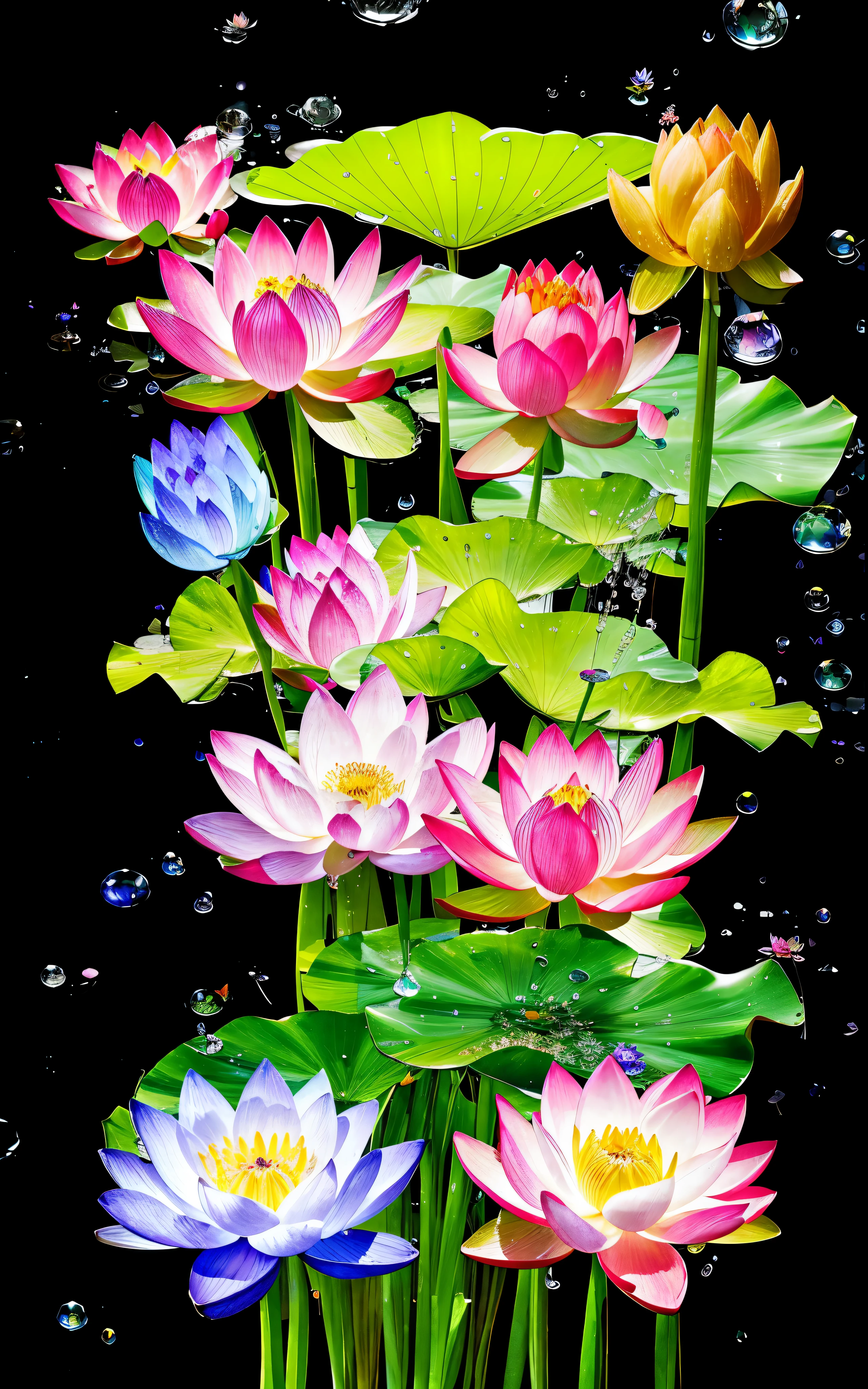 (colorful lotus+Transparent flowers),(water droplets+shining petals), stronger contrast、Highlight Intensity、Beautiful reflected light、bright background, dark foreground, magical light stream, Silver vapor surrounding the guardian cloud, 8K resolution, great visual enjoyment.