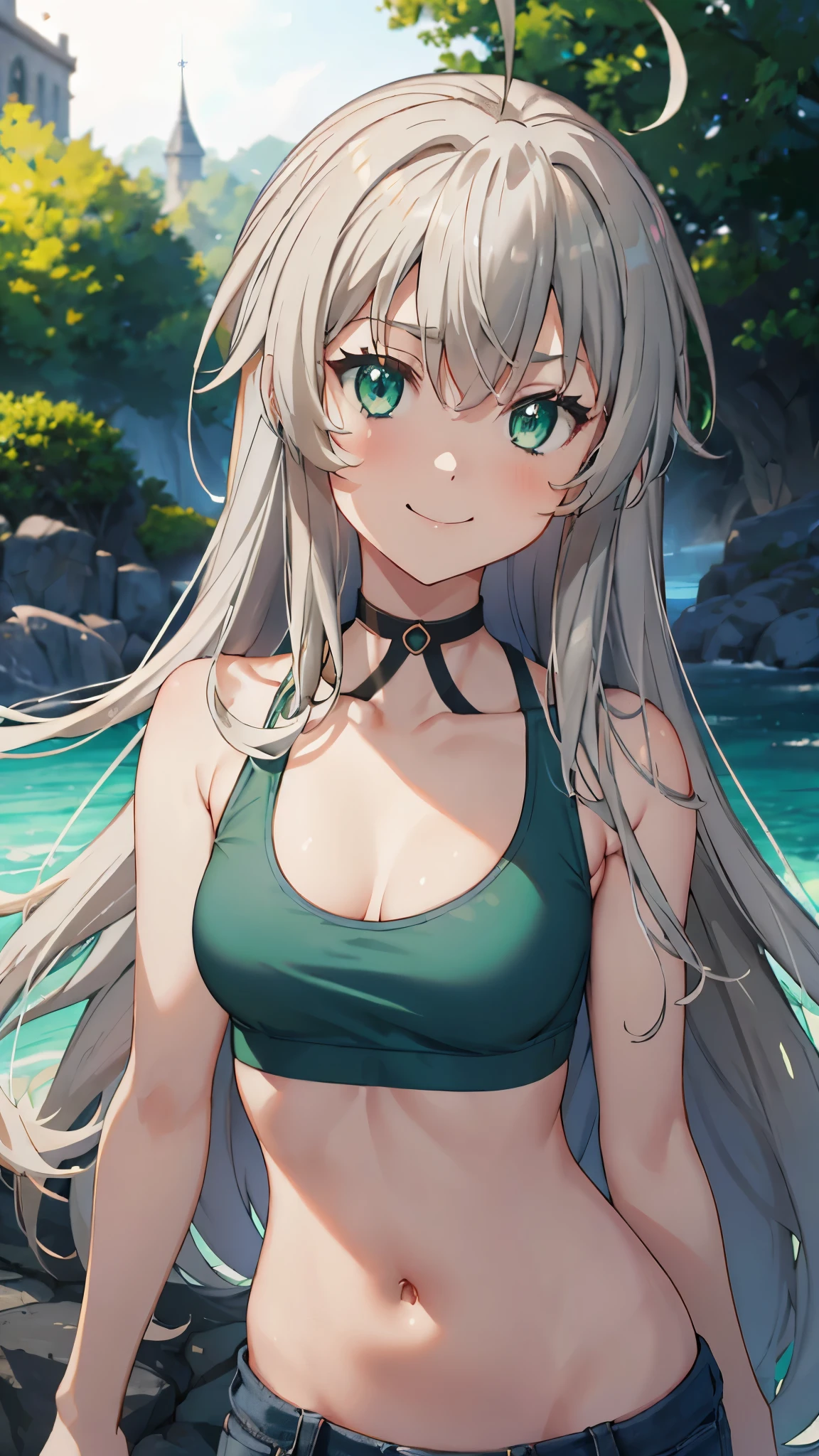 masterpiece, highres, solo, 8k, detailed, perfect face, (ultra high quality), looking viewers, collar bones, armpit, medium breast, cleavage, gray hair, green eyes, belly, stomach, navel, crop tanktop, denim short, mini short, slim body, smile, blush, thigh