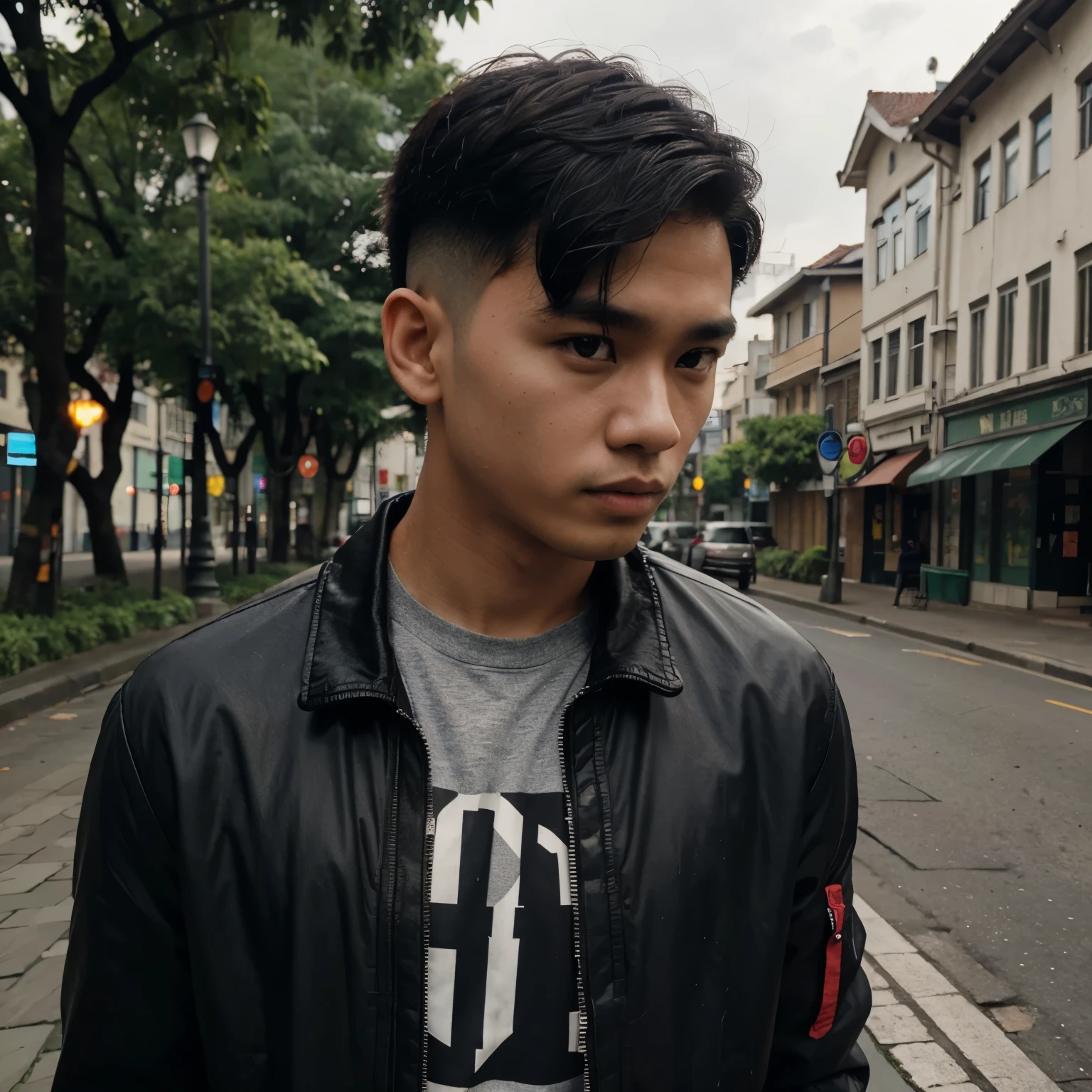 Masterpiece, Indonesian guy, comma cut hair, black jacket, 17 years old, in the middle of the city, realistic, 4k