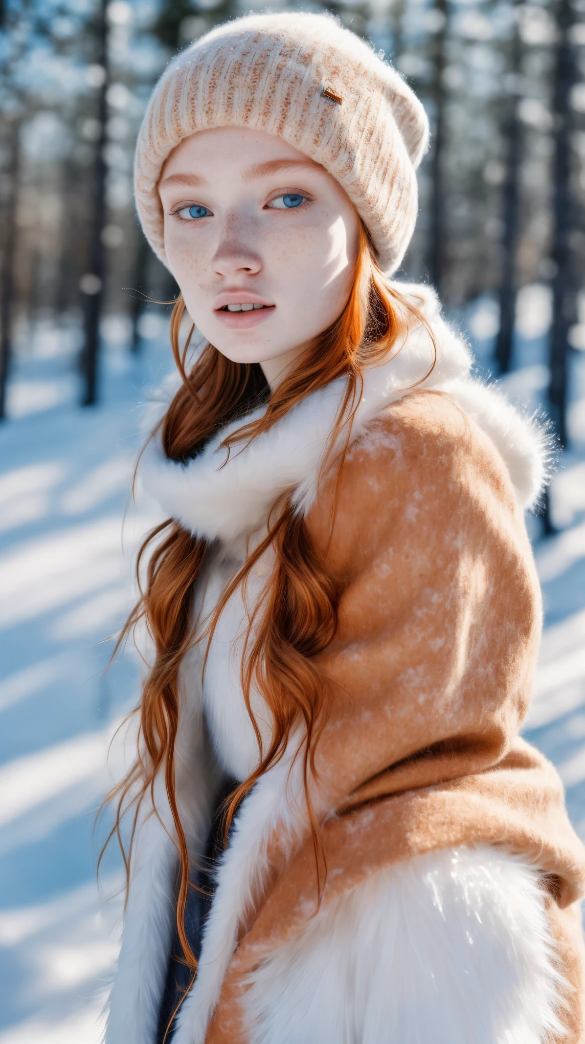 (masterpiece:1.2, best quality:1.2, RAW, DSLR, photography, photorealistic, cinematic lighting, rim light), highly detailed skin, pale skin, 1girl, russian girl, (freckles skin:1.35), wearing winter clothes, beannie hat, close-up shot, facial focus, face and breast, against blurry bokeh snow field, trees, sunlight, sunray)