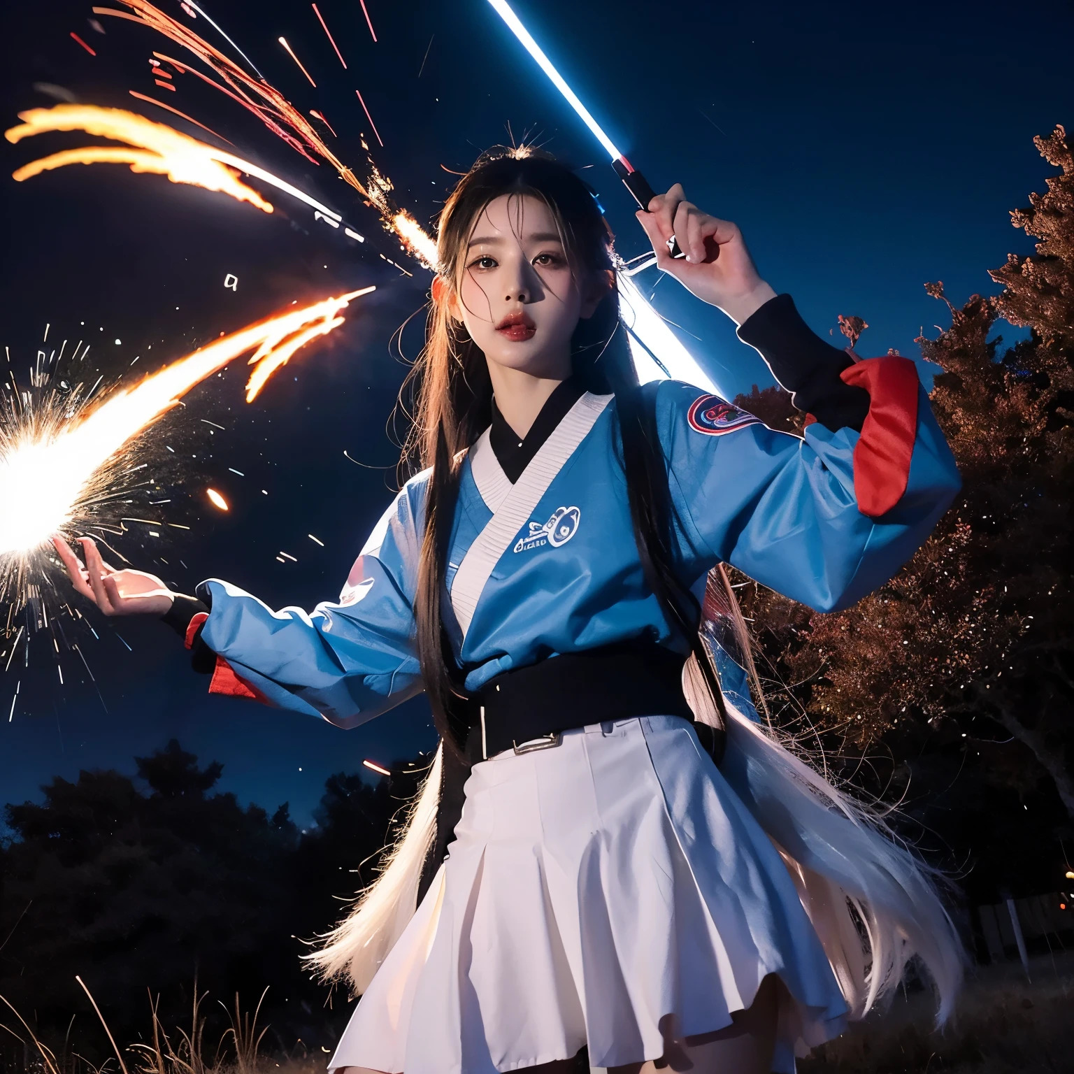 1 chica, ropa japonesa, cola de caballo ,pelo blanco, ojos morados, magic circle, fuego azul, llamas azules, fondo de pantalla, paisaje, sangre, sangre splatter, Profundidad de campo, Noche, light particles, rayos de luz, side lighting, muslos, destino \(serie\), impacto genshin, ****, chaqueta abierta, falda, muslos, nube