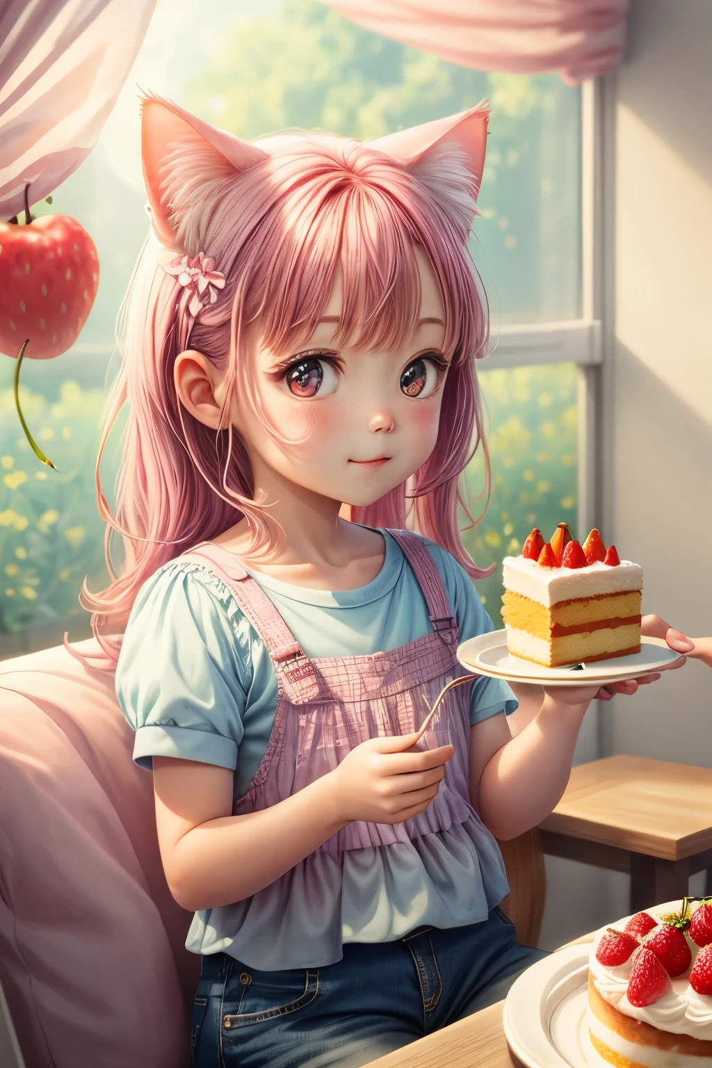 cute00d, looking at the audience, simple background, food, spark, fruit, Cat, pink background, cake, strawberry, cherry, food focus, blueberry