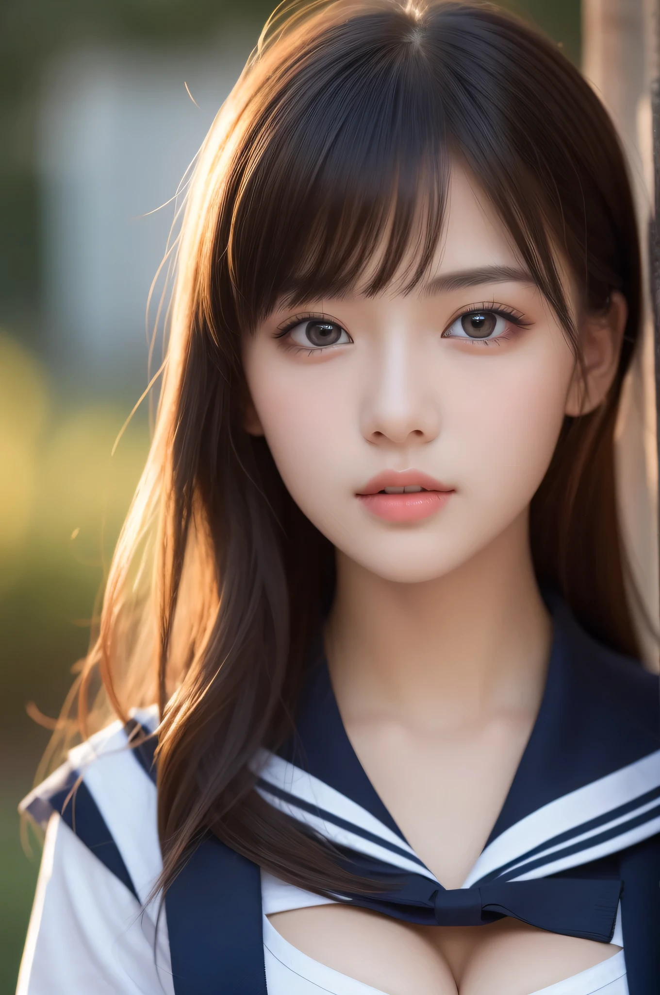 1 girl, (highest quality:1.4), (super detailed), (Highly detailed beautiful face), wonderful face and eyes, black eye, black hair, (sailor suit, school uniform:1.2), (cleavage), Smooth, Highly detailed CG integrated 8k wallpaper, High-definition RAW color photo, professional photos, light, Backlight, dream-like, impressive, Depth of the bounds written