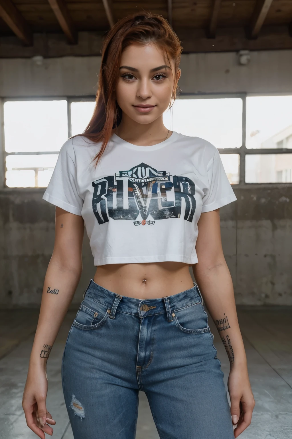 gritty raw photo of {a young woman 30 years old, no tattoo,  like an Kylie Jenner and ariana grande, smiling, brazilian, redhead, wearing tshirt, jeans, wear roller in line skating}  fully covered, hyperrealism, 8K UHD, realistic skin texture, flawed skin, shot with Canon EOS 5D Mark IV, highly detailed, masterpiece