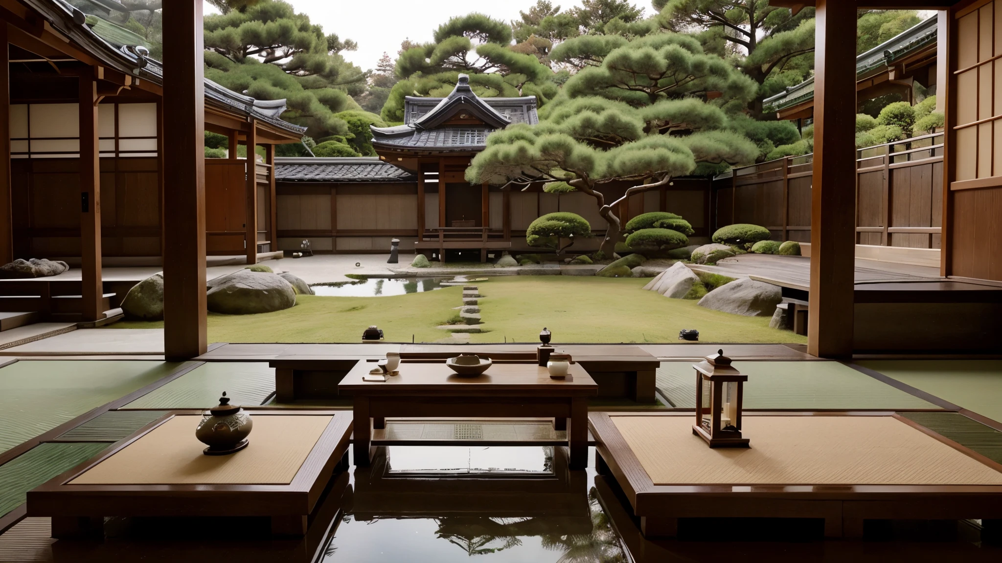 A traditional tea ceremony in a serene Japanese garden, every detail meticulously arranged to evoke peace and harmony.