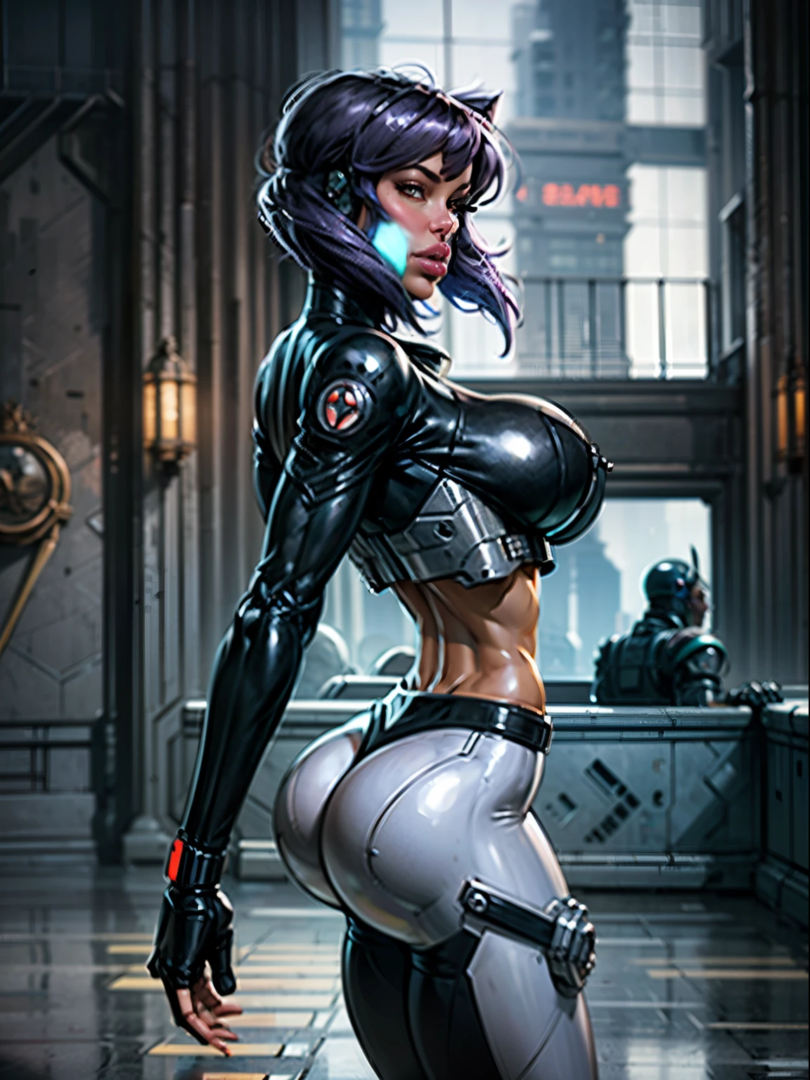 ((Back profile:1.2)), turning head looking to viewer, ((lavender hair)), ((motoko kusanagi)), (ghost in the shell), defined obliques, (large ass), black opera gloves, There is a woman in a robot suit ((posing next to an futuristic Roman building)), ((black biker jacket)), (gigantic breasts:1.4), short hair, Beautiful white girl half cyborg, Cute cyborg girl, Beautiful girl cyborg, (aletta ocean face), (puffy lips), (long sideburns), Perfect Robot Girl, Cyborg girl, (ass air bags), intricate details on ass, Young cyborg lady, (ass cleavage), Beautiful Female Robot, ((cybernetic abs:1.2)), intricate holes on ass, Beautiful robot woman, cyborg girl, perfect gray cyborg female, ((lavender cyborg)), Female robot, Beautiful cyborg images, (cinematic lighting)