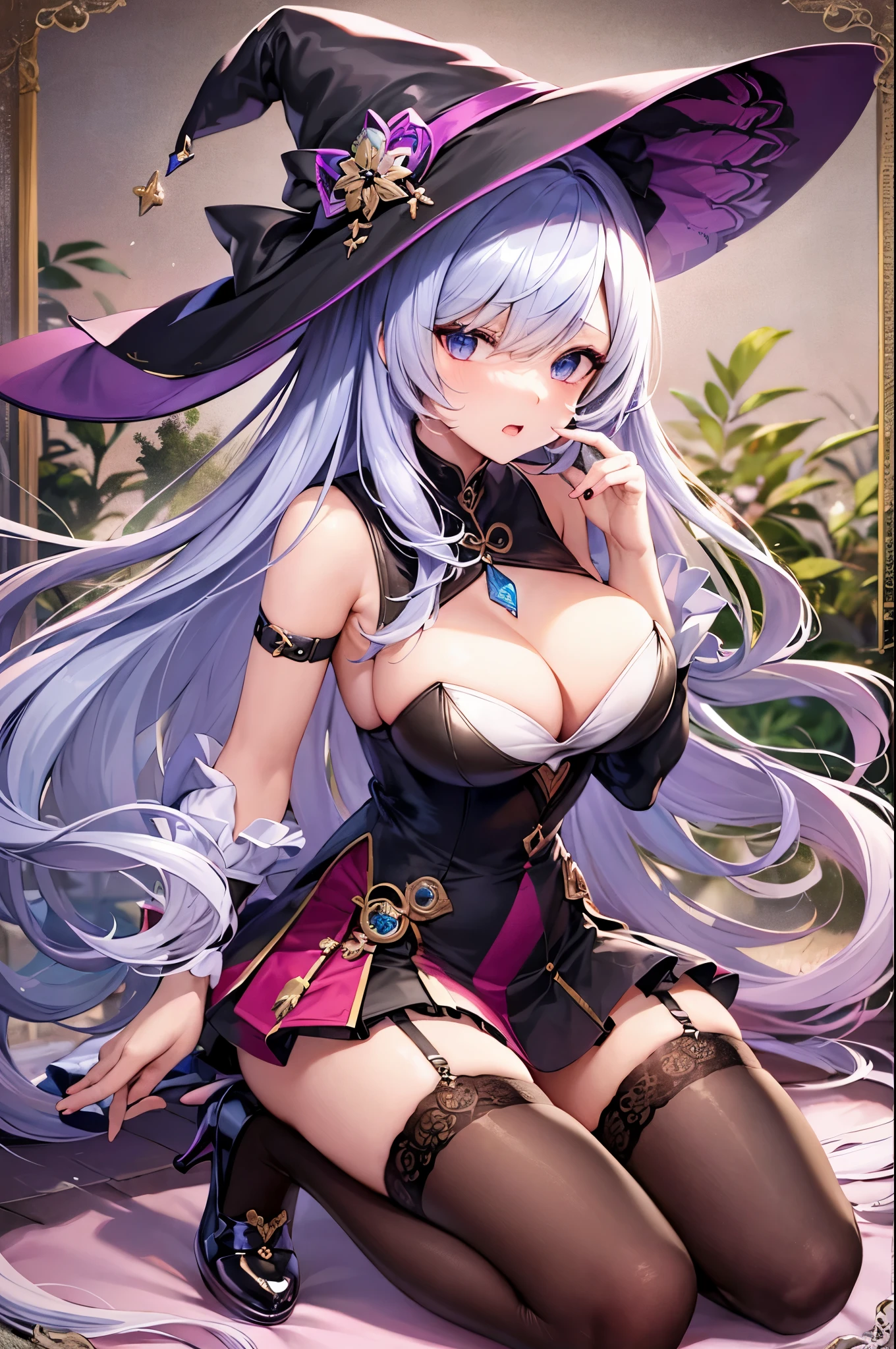 1 anime girl, genshin impact shenhe face, genshin impact shenhe hairstyle, ice silver hair, elegant straight hair, cute sexy witch hat, ((hair covering right eye)), (hair bangs over eye), ice blue eyes, (makeup and eyeliner), blushing, screaming terrified face, scared looked on her face, moaning mouth, (medium breasts), ((medium to large cleavage)), cute sexy sleeveless witch tunic, cute black pleated mini skirt, black school thigh highs, witch high heel shoes, scared posture, holding herself tight from fear, grass plains background, lake nearby, full body fan art.
[[High quality]]
[[Best fan art]]
[[Sexy anime]]
[[Hot anime fan art]].