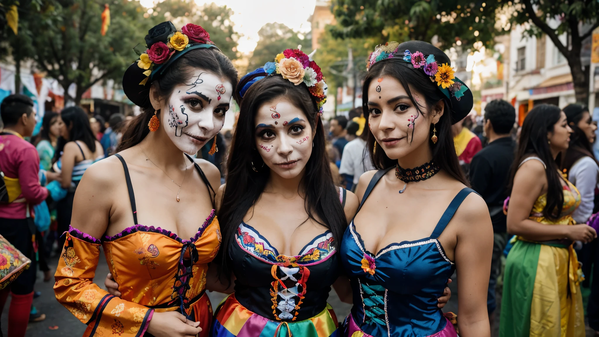 A vibrant Day of the Dead celebration, showcasing colorful costumes, traditional offerings, and joyful remembrance.