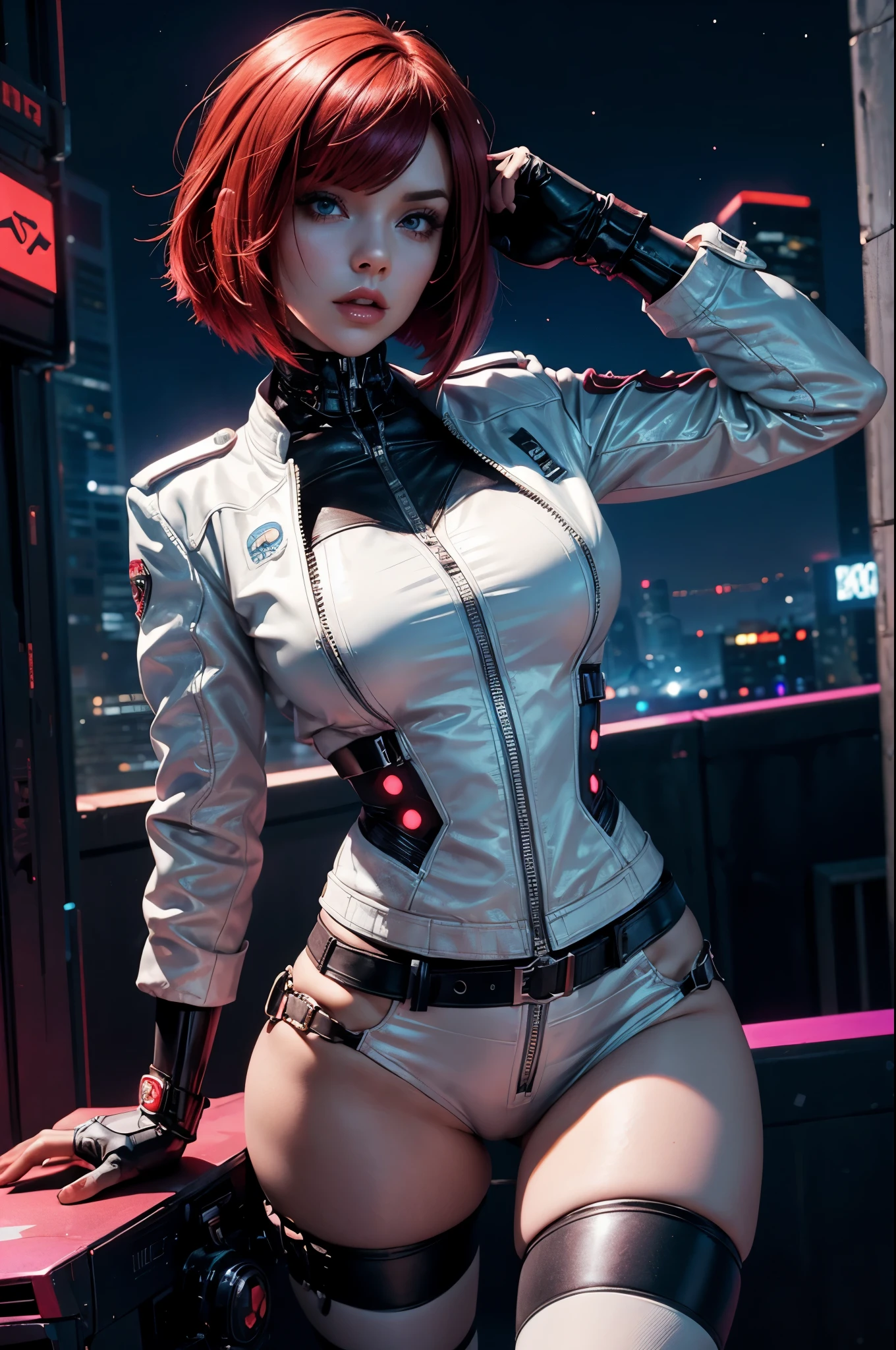 Alison Tyler, perfect body, cyber punk, musicians, red hair bob cut woman, wide angle lens, expressive, look up, she is on top of a building, night city, Laser hologram, white leather jacket, medium bust, sexy pose