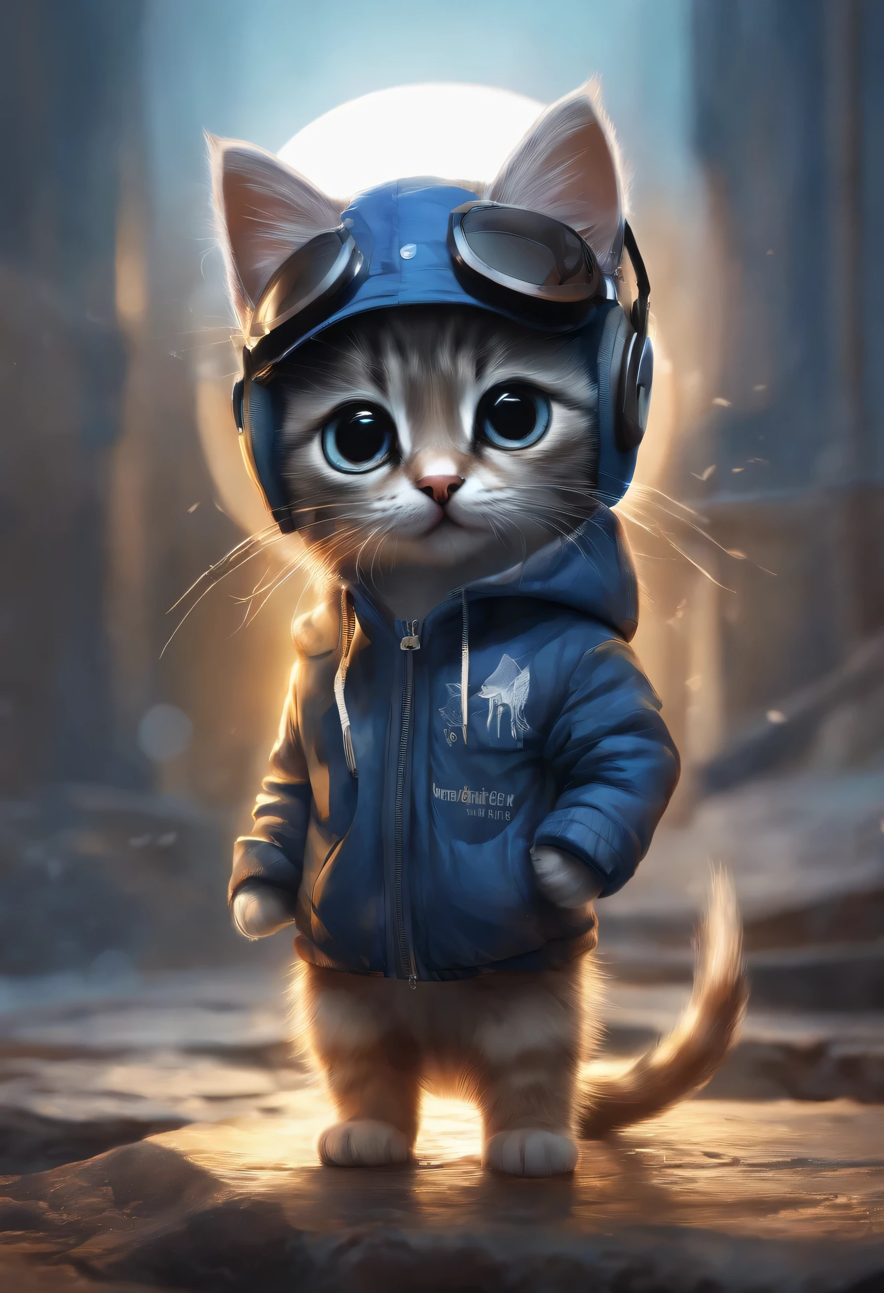 Perfect centering, A cute kitten all over, Wear a student jacket, Wearing sunglasses, Wearing headphones, Standing position, Abstract beauty, Centered, Looking at the camera, Facing the camera, nearing perfection, Dynamic, Moonlight, Highly detailed, Digital painting, art stations, concept-art, smooth, Sharp focus, 8K, high definition resolution, illustration, Art by Carne Griffiths and Wadim Kashin, White background