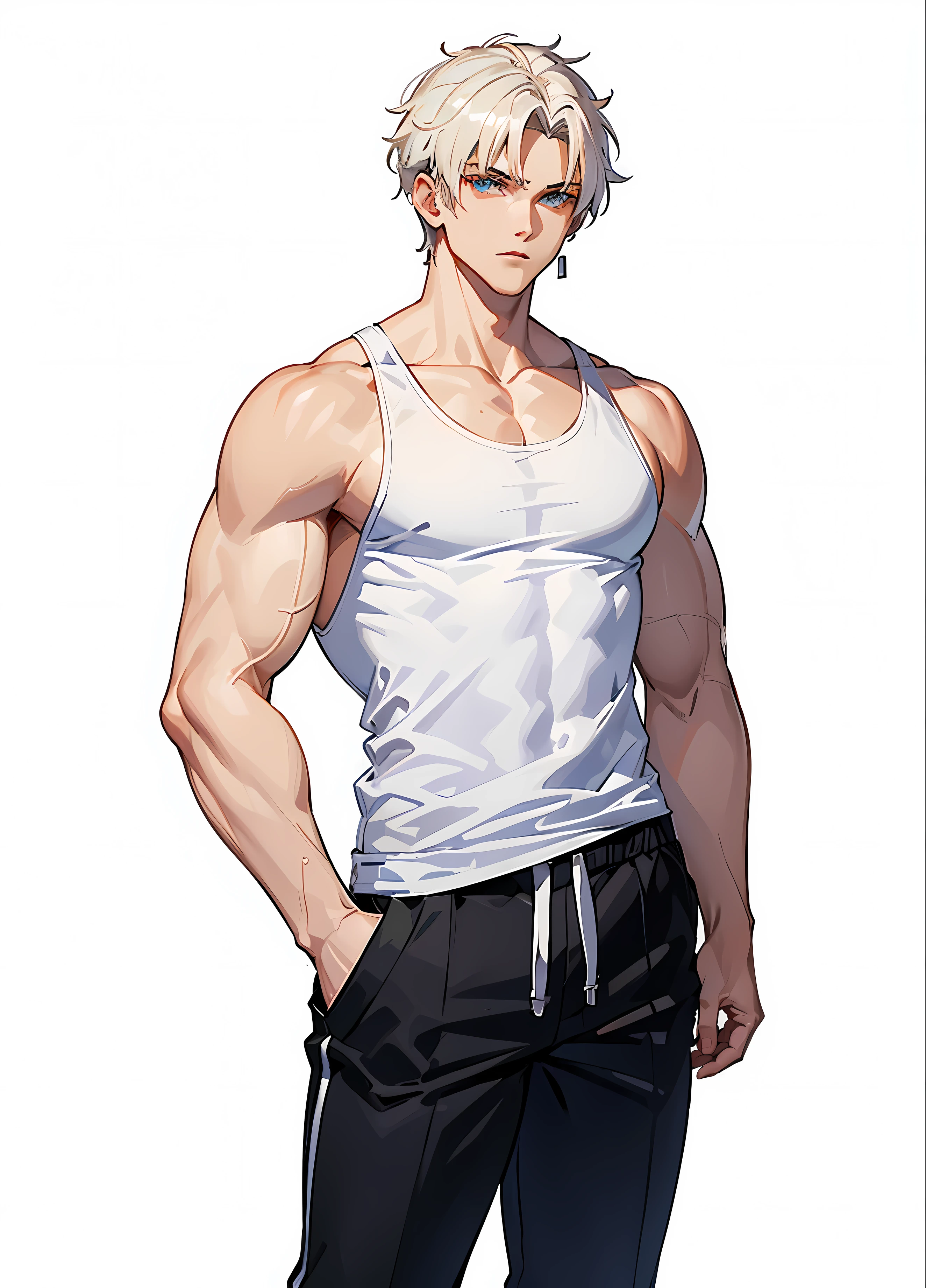 (no background、white background:1.4)、10th generation male、1 person、Tank top、big silver accessories、 muscular、big pectoral muscles、he has short blonde hair、 strong jaw line, bad face、((whole body、stand))、