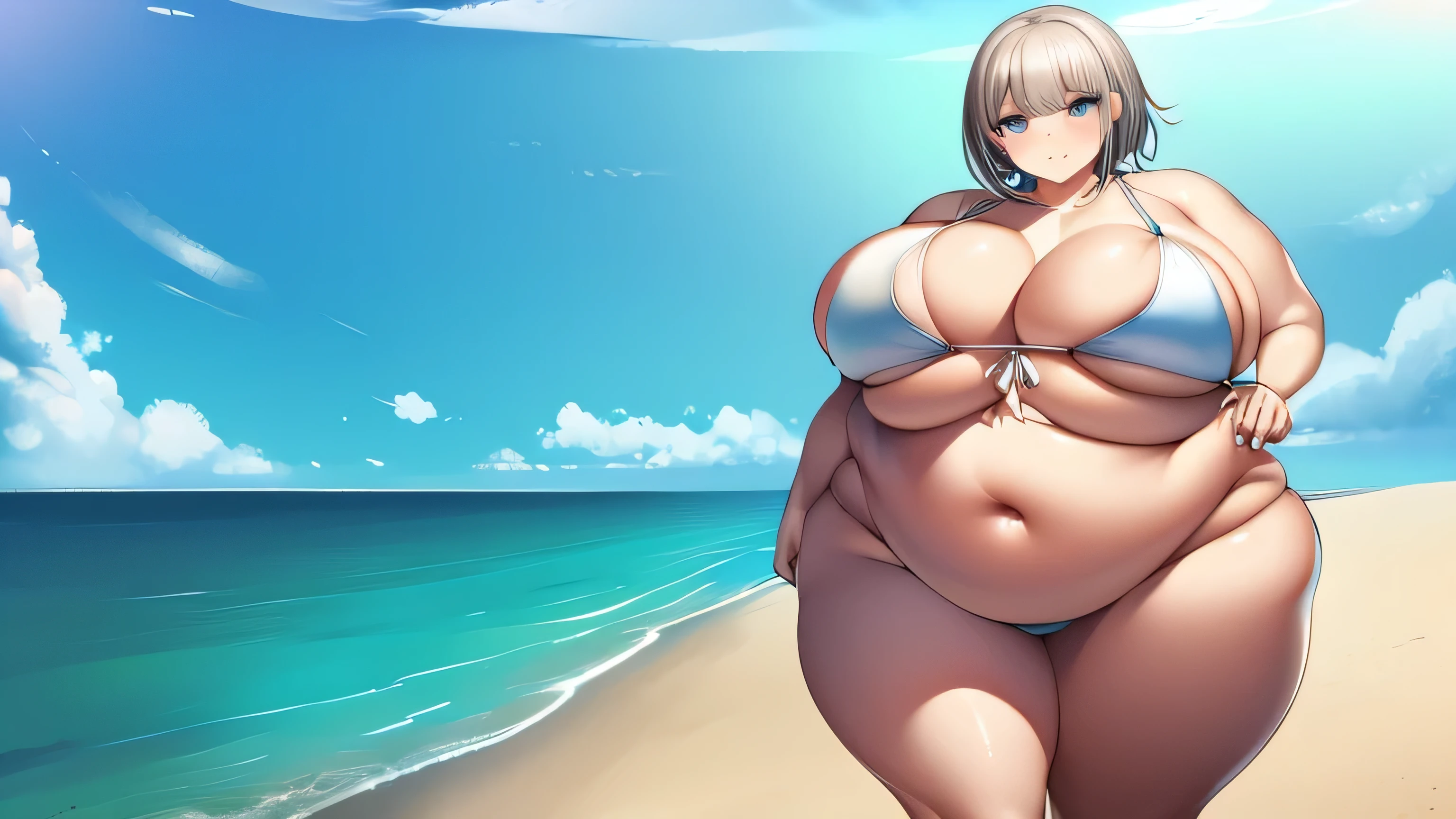 1 garota, chiaki nanami, Danganronpa, Small white bikini, neutral expression, obeso, barriga enorme, coxas gordas, Seios rechonchudos, entrando em um restaurante em uma praia muito ensolarada, abrindo a porta da frente, detalhado, detalhado face, pele brilhante, pele molhada, anatomia perfeita