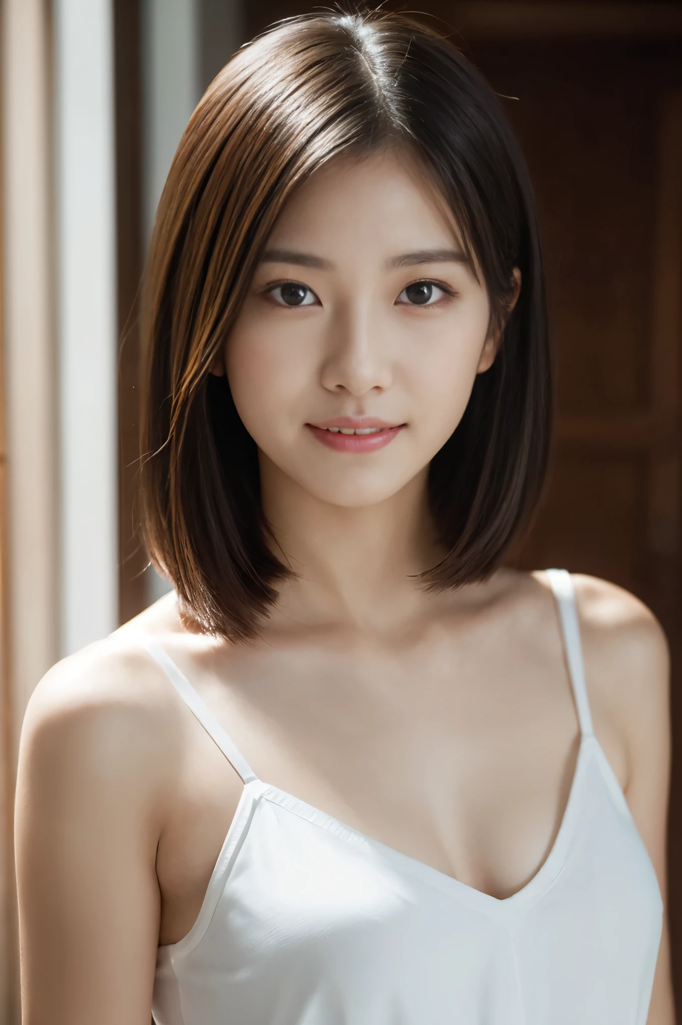 one beautiful girl, (wearing a white camisole:1.2), (RAW photo, highest quality), (realistic, Photoreal:1.4), table top, very delicate and beautiful, very detailed, 2k wallpaper, Beautiful girl with small breasts、wonderful, finely, very detailed CG Unity 8K 壁紙, super detailed, High resolution, soft light, beautiful detailed girl, very detailed目と顔, beautifully detailed nose, beautiful and fine eyes, cinematic lighting, simple background, perfect anatomy, slender body, smile