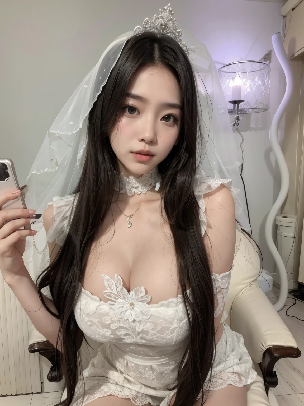 Araffada woman wearing a white dress and a tiable holding a cell phone., muchacha coreana, hermosa mujer surcoreana, ulzzang, 18 years, hermosa joven coreana, 22 years, angelablanca, 21 years, cruel korean gothic girl, asian girl, Festival de fantasmas hambrientos, 23 years