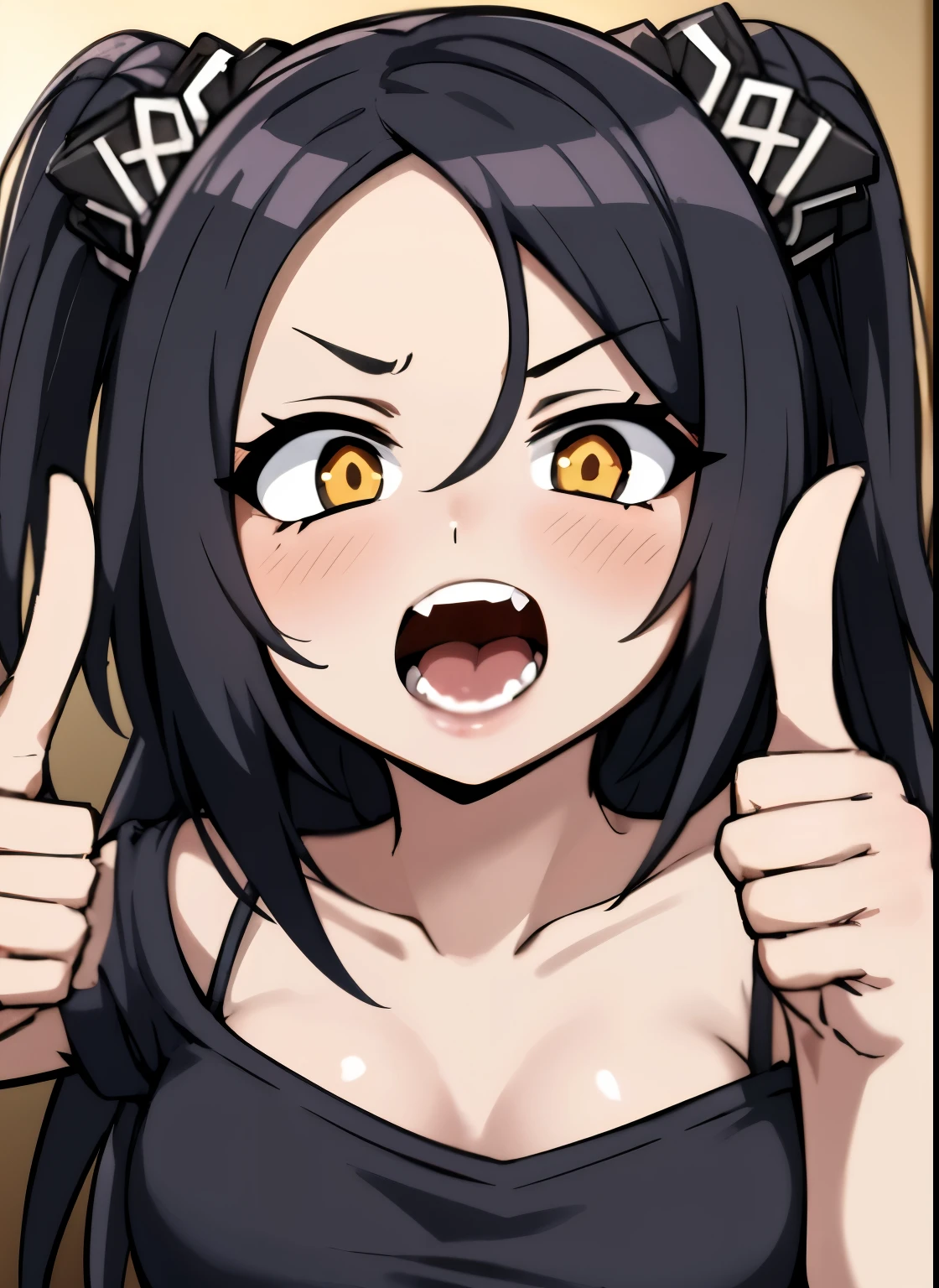 Anime girl with black hair and yellow eyes showing thumbs up, gapmoe yandere, Ahegao face, anime moe art style, Ahegao, mischievous look, [[[[gAlsoning evily]]]], yandere, exciting expression, she has a cute expressive face, Gap Moe Yandere Grim Dark, gAlsoning lasciviously, Also、mouth slightly open