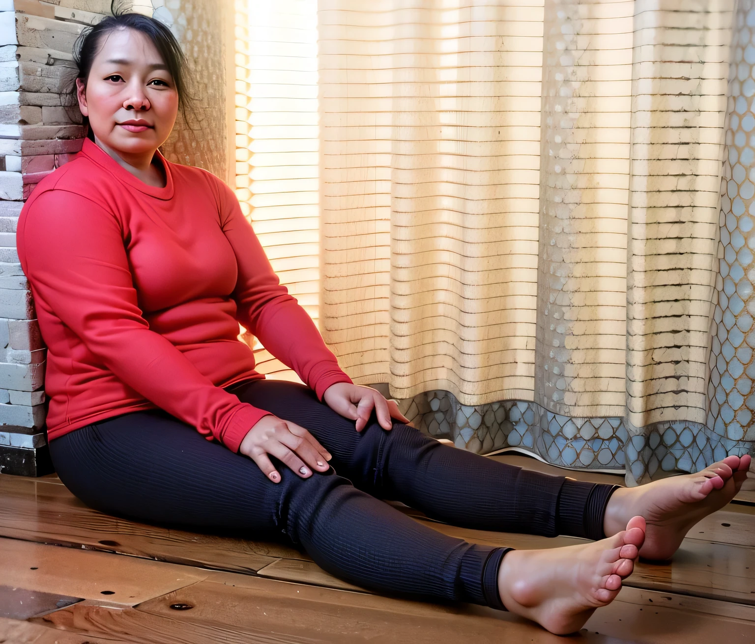 Chubby, sit on the floor with your legs stretched out, sits very comfortably, A woman is sitting with her legs stretched out on the floor, japanese woman、50 years old、cute