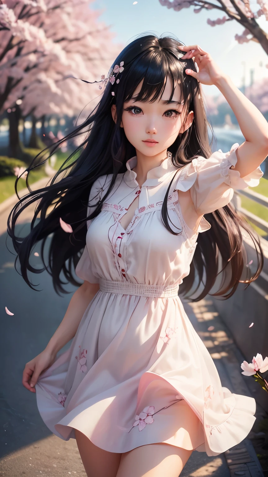 (logo、masterpiece、8K、table top、RAW photo、wonderful、最high quality、フォトリアリスティックでvery detailedな CG 統合 8k 壁紙、high quality、very detailed、narrative poem、particle effects、dynamic effects、Depth of the bounds written、cinematic light、Lens flare、ray tracing)、fantasy、 (1 beautiful woman、dress、dress、cherry blossom pattern、black haired、beautiful face、real face、beautiful details eyes beautiful skin)、髪がWindで踊る、Hair flutters in Wind、hair jump、pink cherry tree、petals dance、SakuraFubuki、wonderful景色、sunrise、sun on background、Wind