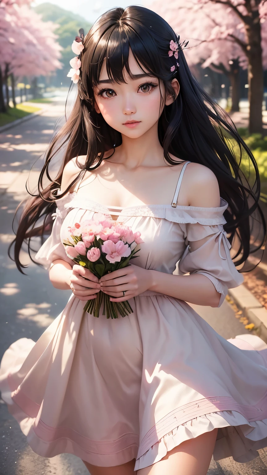 (logo、masterpiece、8K、table top、RAW photo、wonderful、最high quality、フォトリアリスティックでvery detailedな CG 統合 8k 壁紙、high quality、very detailed、narrative poem、particle effects、dynamic effects、Depth of the bounds written、cinematic light、Lens flare、ray tracing)、fantasy、 (1 beautiful woman、dress、dress、cherry blossom pattern、black haired、beautiful face、real face、beautiful details eyes beautiful skin)、髪がWindで踊る、Hair flutters in Wind、hair jump、pink cherry tree、petals dance、SakuraFubuki、wonderful景色、sunrise、sun on background、Wind