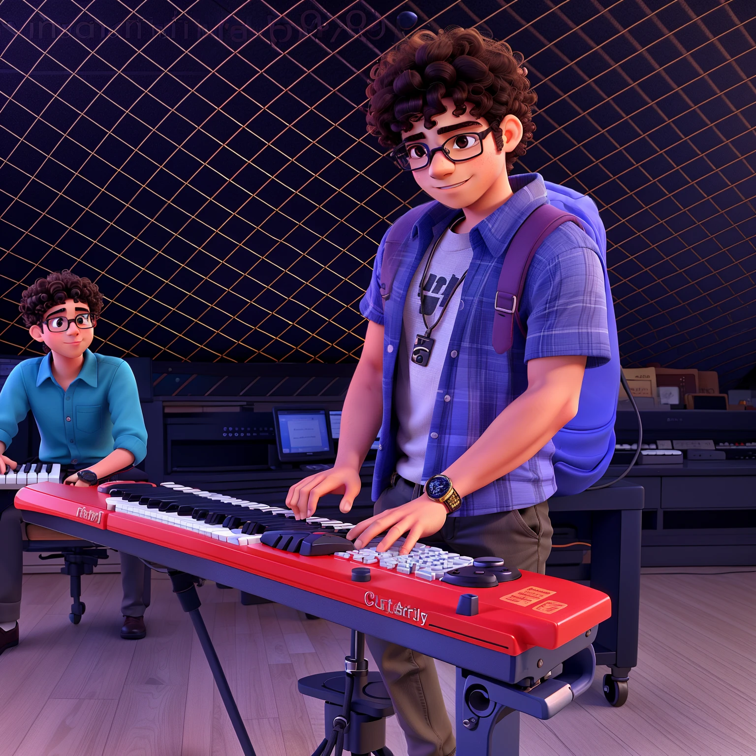 A young man with glasses and curly hair playing the keyboard