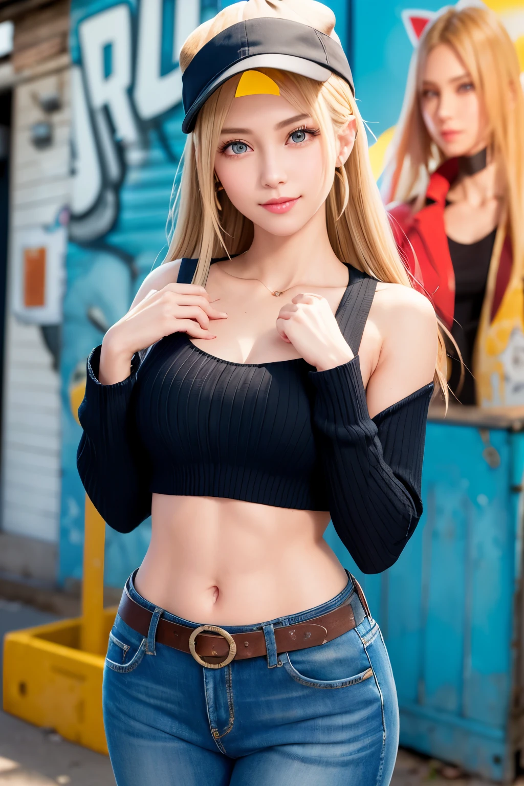 masterpiece,Highest quality,Very detailed,beautiful girl,White tube top,Ultra low rise,Jeans hot pants,belt,Belly button,Supermodel body type,Raise your arms,Underarm,Beautiful blonde,Soft lighting, teenager,Perfect Face,Beautiful and detailed eyes,Shining Eyes,Beautiful Skin,skinny,Dynamic,Outdoor,The hustle and bustle of the main street,intersection,Dynamic Angles