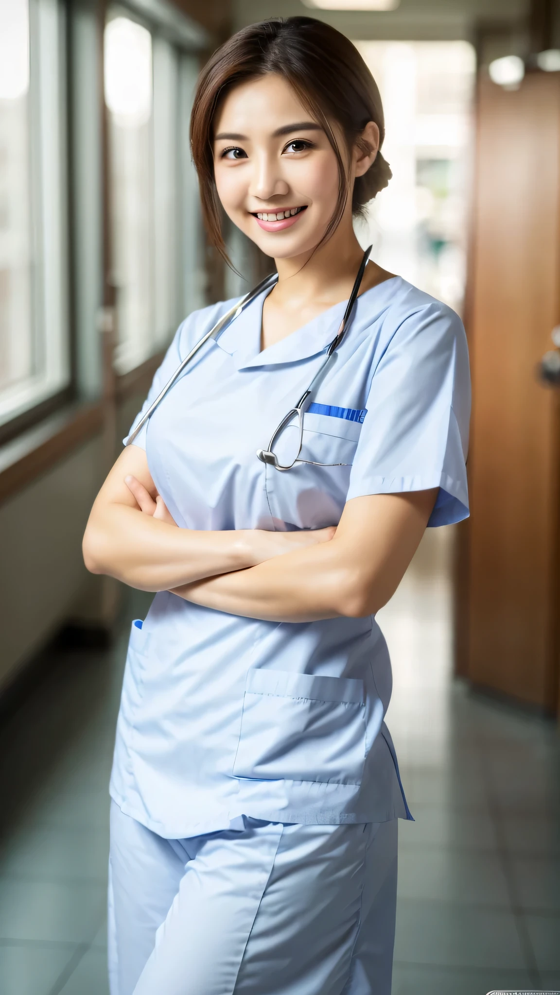 highest quality, shape, Super detailed, small details, High resolution, 8k wallpaper, perfect dynamic composition, beautiful detailed eyes, natural lip, nurse (Male or Female) uniform, medium breasts, random pose, full length, Photo taken at the hospital, smile, Chubby,