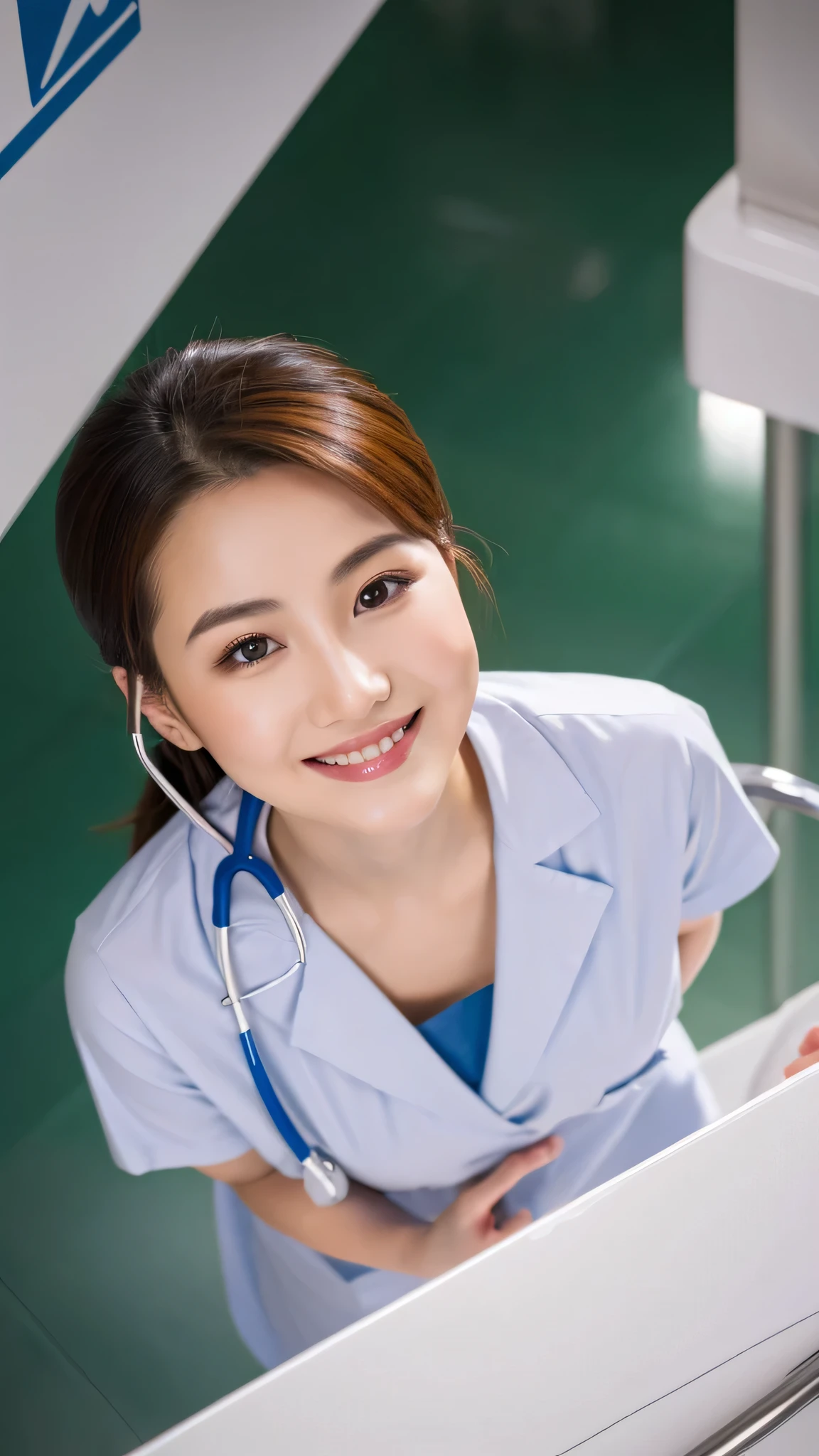 highest quality, shape, Super detailed, small details, High resolution, 8k wallpaper, perfect dynamic composition, beautiful detailed eyes, natural lip, nurse (Male or Female) uniform, medium , random pose, full length, Photo taken at the hospital, smile, Chubby, From above,