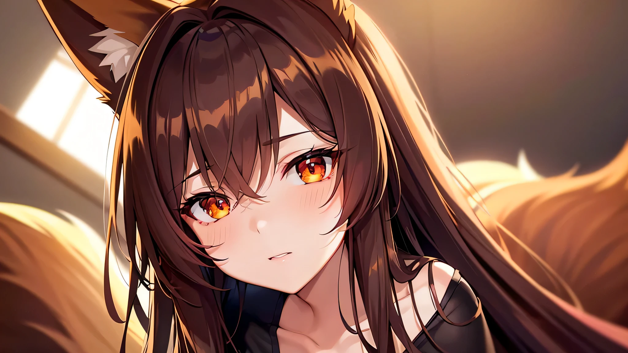 flower, Masterpiece, Height quality, fox girl, cinematic lighting, Fox ears, bald tail, fox eyes, dark hair, bright skin, dark red short dress, high contrast colors, Detailed eyes, detail Fox ears, detail bald tail, Hair detailing, Cinematic lens, sharp focus, portrait view,