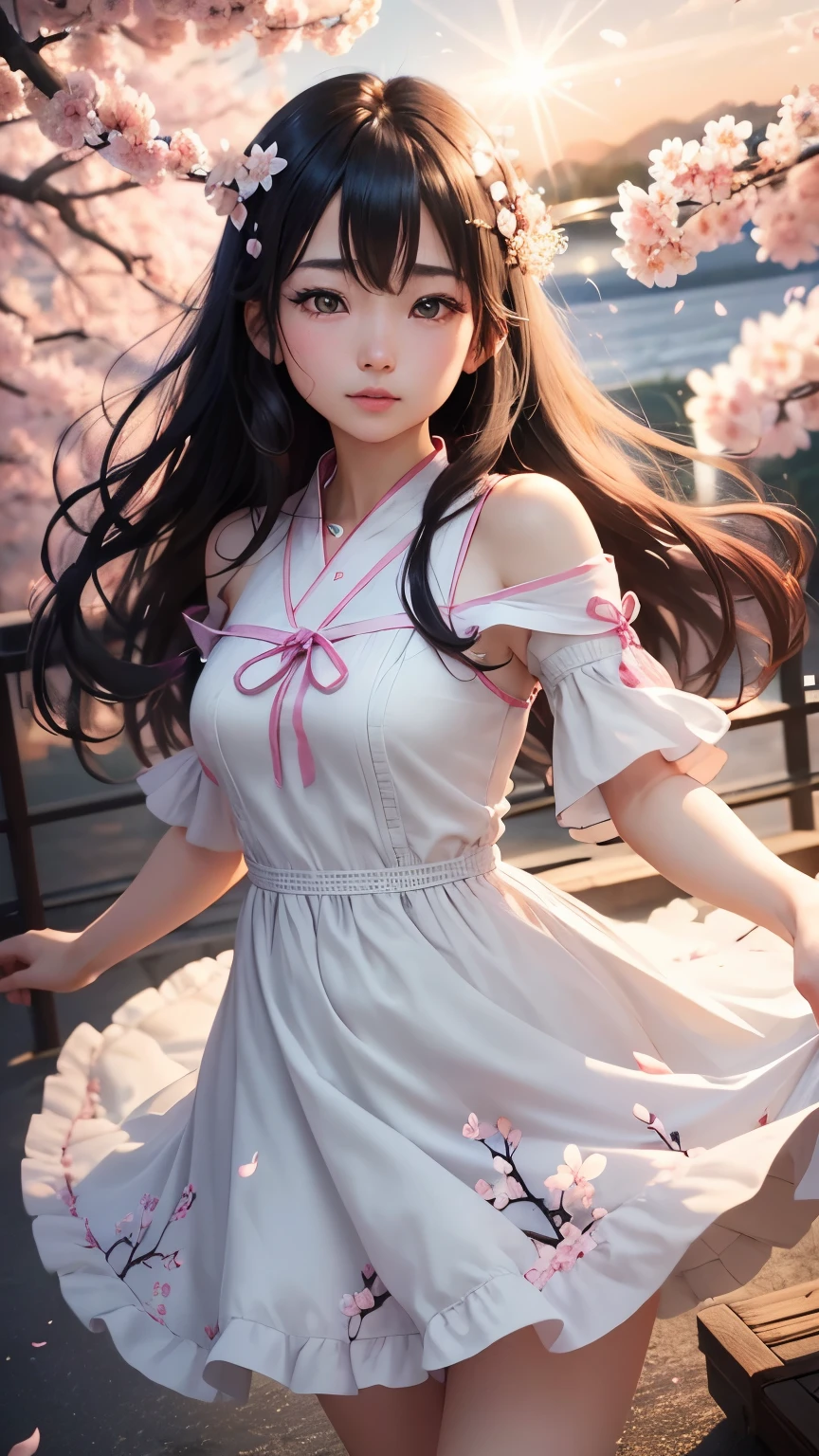 (logo、masterpiece、8K、table top、RAW photo、wonderful、最high quality、フォトリアリスティックでvery detailedな CG 統合 8k 壁紙、high quality、very detailed、narrative poem、particle effects、dynamic effects、Depth of the bounds written、cinematic light、Lens flare、ray tracing)、fantasy、 (1 beautiful woman、dress、dress、cherry blossom pattern、black haired、beautiful face、real face、beautiful details eyes beautiful skin)、髪がWindで踊る、Hair flutters in Wind、hair jump、pink cherry tree、petals dance、SakuraFubuki、wonderful景色、sunrise、sun on background、Wind