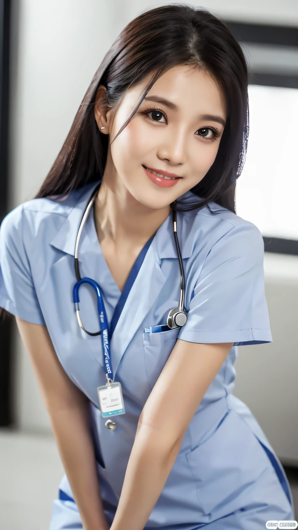 highest quality, shape, Super detailed, small details, High resolution, 8k wallpaper, perfect dynamic composition, beautiful detailed eyes, natural lip, nurse (Male or Female) uniform, random pose, full length, Photo taken at the hospital, smile, Chubby,