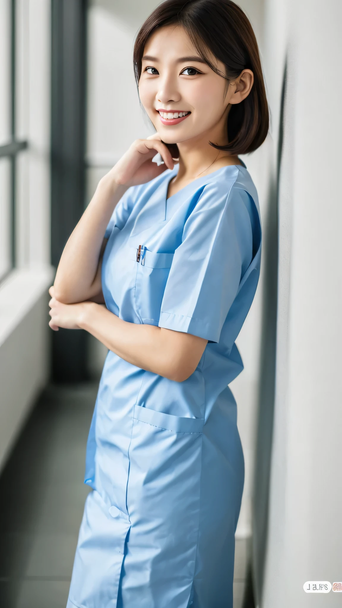 highest quality, shape, Super detailed, small details, High resolution, 8k wallpaper, perfect dynamic composition, beautiful detailed eyes, natural lip, nurse (Male or Female) uniform, random pose, full length, Photo taken at the hospital, smile, Chubby,