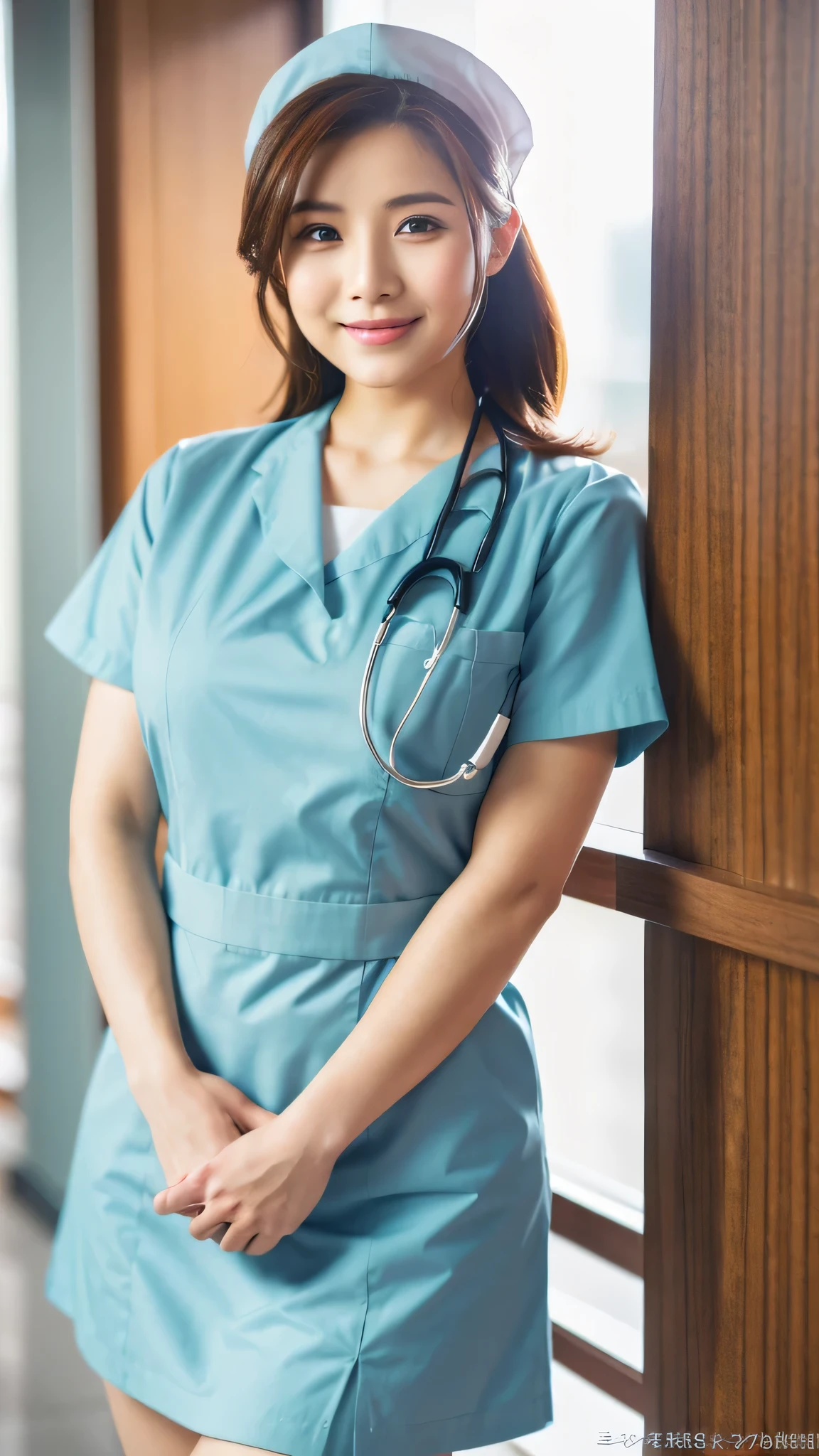 highest quality, shape, Super detailed, small details, High resolution, 8k wallpaper, perfect dynamic composition, beautiful detailed eyes, natural lip, nurse (Male or Female) uniform, random pose, full length, Photo taken at the hospital, smile, Chubby, skirt,