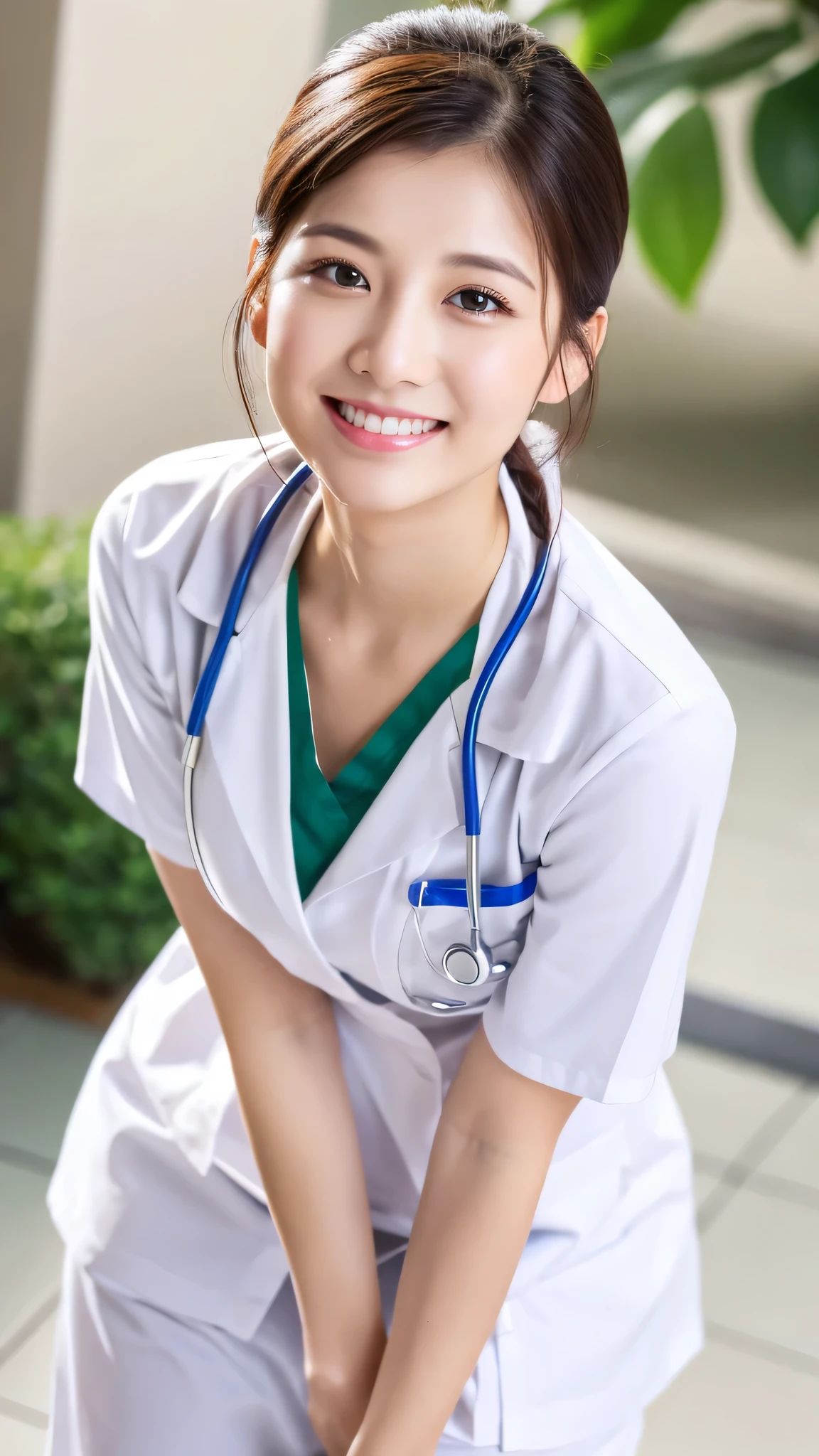 highest quality, shape, Super detailed, small details, High resolution, 8k wallpaper, perfect dynamic composition, beautiful detailed eyes, natural lip, nurse (Male or Female) uniform, random pose,  full body shot, Photo taken at the hospital, smile, Chubby, White uniform,