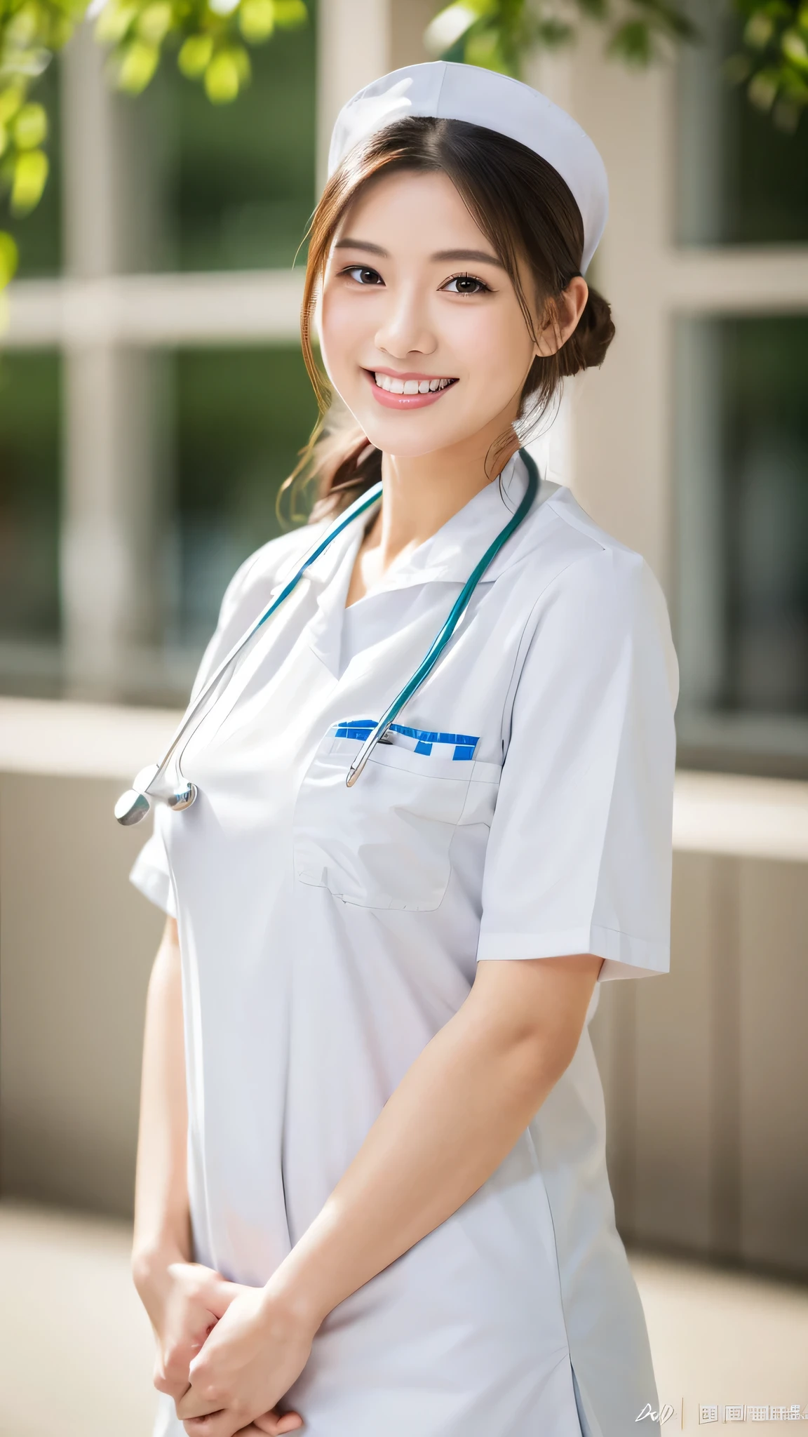 highest quality, shape, Super detailed, small details, High resolution, 8k wallpaper, perfect dynamic composition, beautiful detailed eyes, natural lip, nurse (Male or Female) uniform, random pose, full body shot, Photo taken at the hospital, smile, Chubby, White uniform,