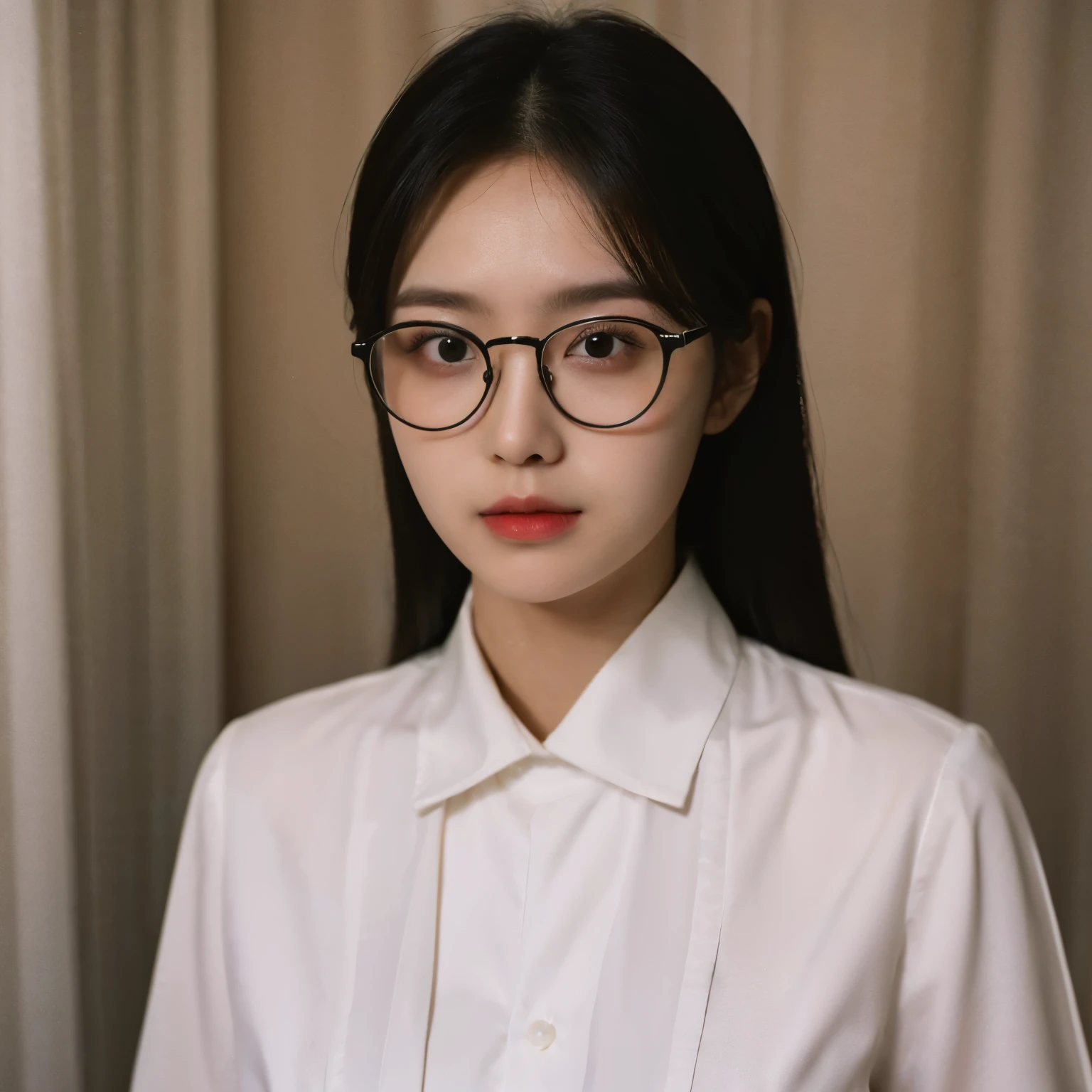 black bank formal wear,silver badge,Wearing big black glasses,Chinese,black hair,girl,About twenty years old,Skin slightly white,Hair not too long,The chin is slightly rounded,without make-up,Lips are light and not too red,