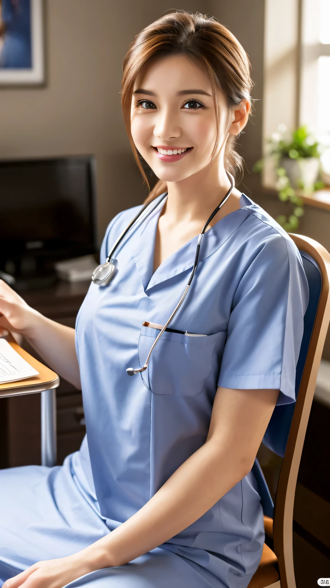 highest quality, shape, Super detailed, small details, High resolution, 8k wallpaper, perfect dynamic composition, beautiful detailed eyes, natural lip, nurse (Male or Female) uniform, medium breasts, random pose, full length, Photo taken at the hospital, smile, Chubby, sit on a chair,
