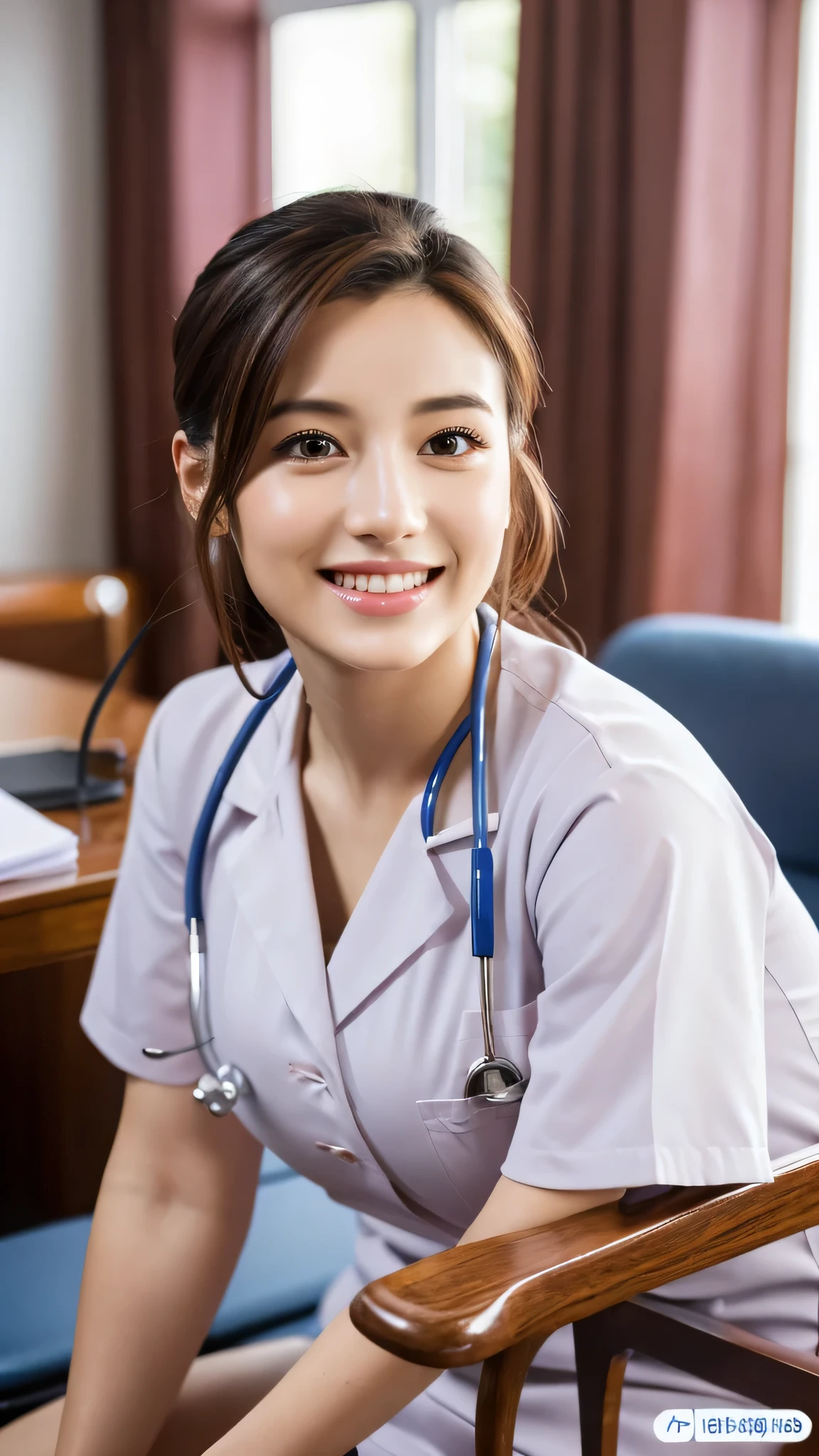 highest quality, shape, Super detailed, small details, High resolution, 8k wallpaper, perfect dynamic composition, beautiful detailed eyes, natural lip, nurse (Male or Female) uniform, medium breasts, random pose, full length, Photo taken at the hospital, smile, Chubby, sit on a chair,