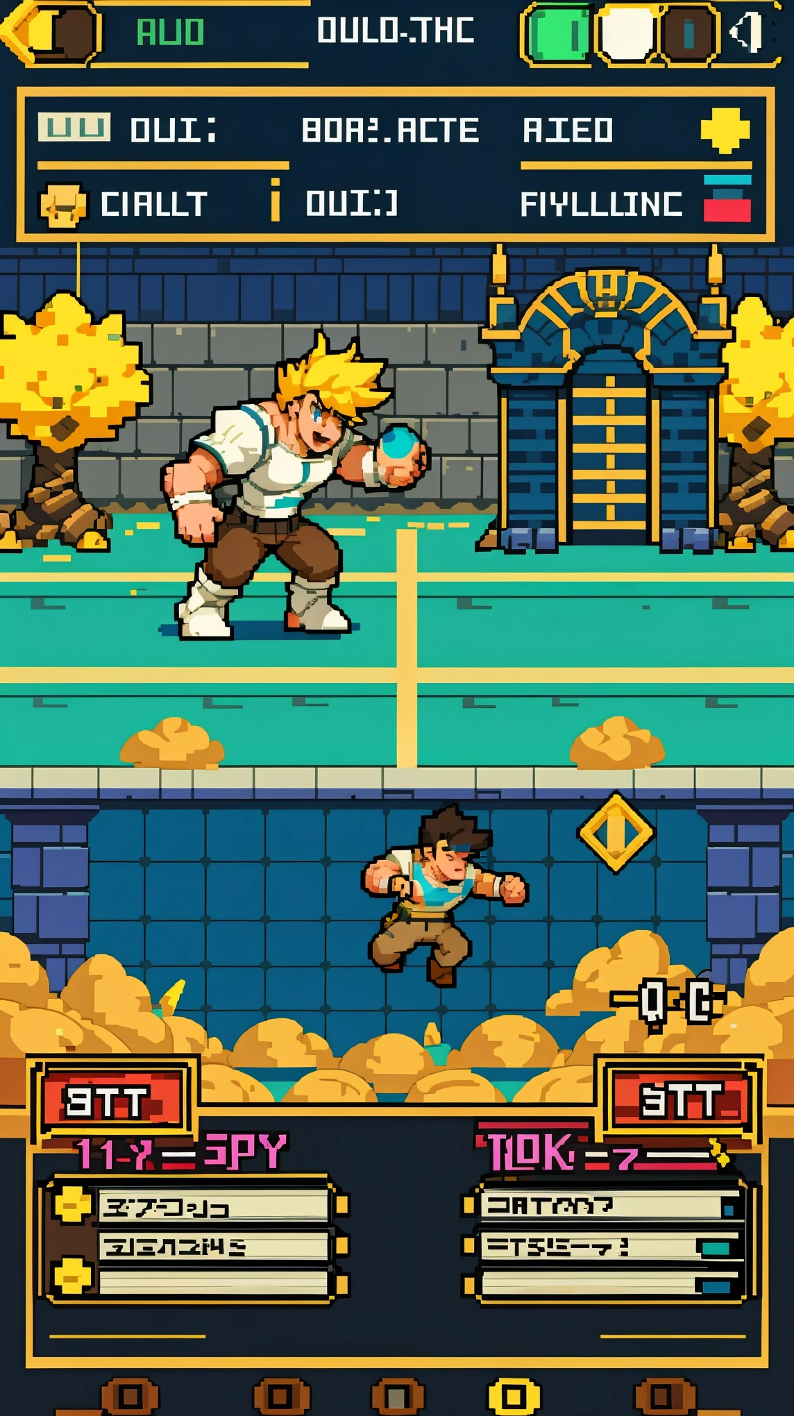 highres, absurdres, perfect anatomy(super handsome 2boys, pair)detailed background, User Interface of smartphone game, dots game, pixel art, dungeon, jumping, punch, kick, full body, sound effects, motion blur, “VS”