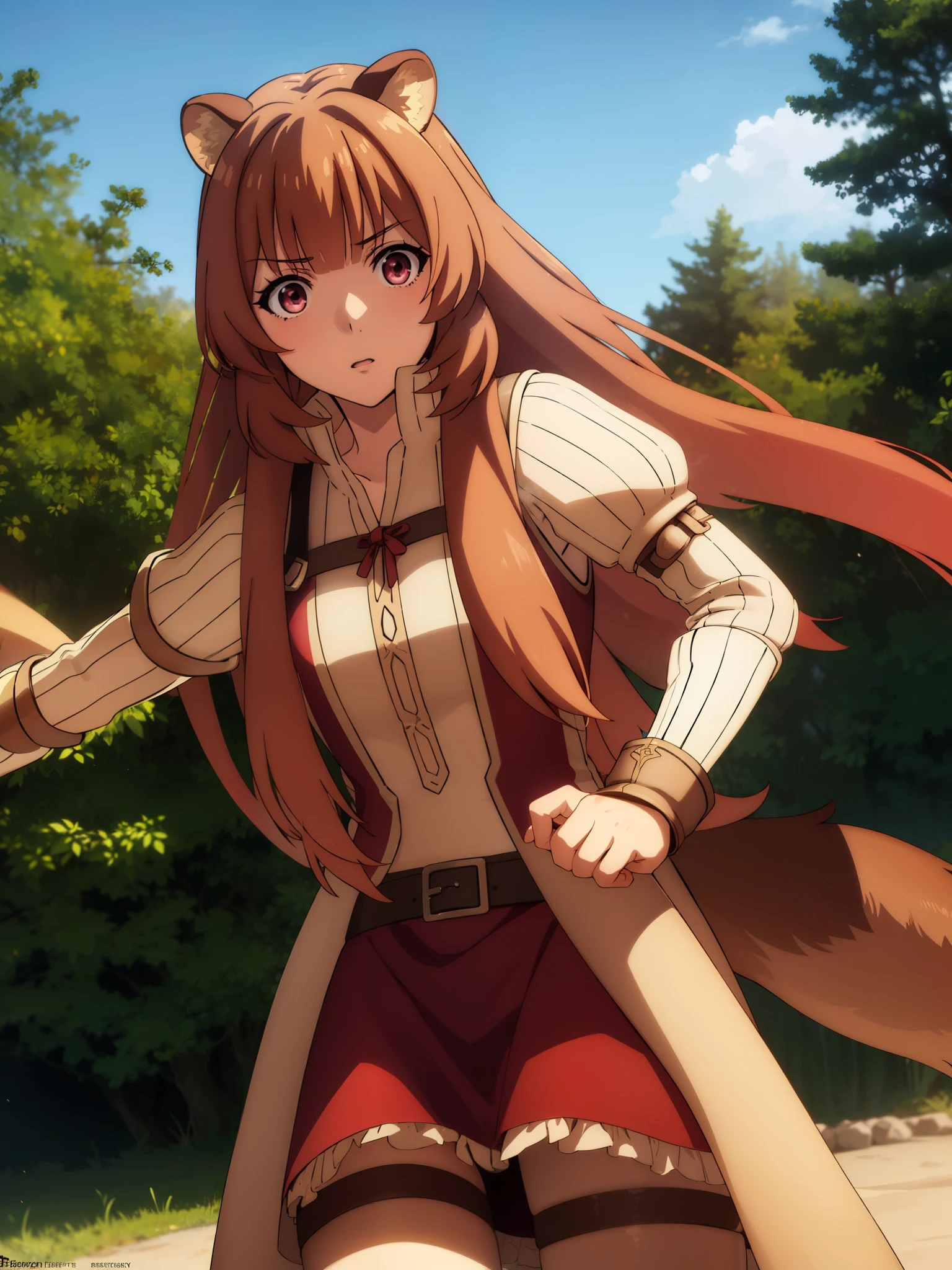 raphtalia, raphtalia, animal ears, brown hair, long hair, raccoon ears, raccoon girl, raccoon tail, (red eyes:1.5), tail,
BREAK arm garter, belt, brown belt, brown dress, dress, juliet sleeves, long sleeves, puffy sleeves, short dress,
BREAK looking at viewer,
BREAK outdoors, forest, nature, sun, sky, (cowboy shot:1.5),
BREAK (masterpiece:1.2), best quality, high resolution, unity 8k wallpaper, (illustration:0.8), (beautiful detailed eyes:1.6), extremely detailed face, perfect lighting, extremely detailed CG, (perfect hands, perfect anatomy),