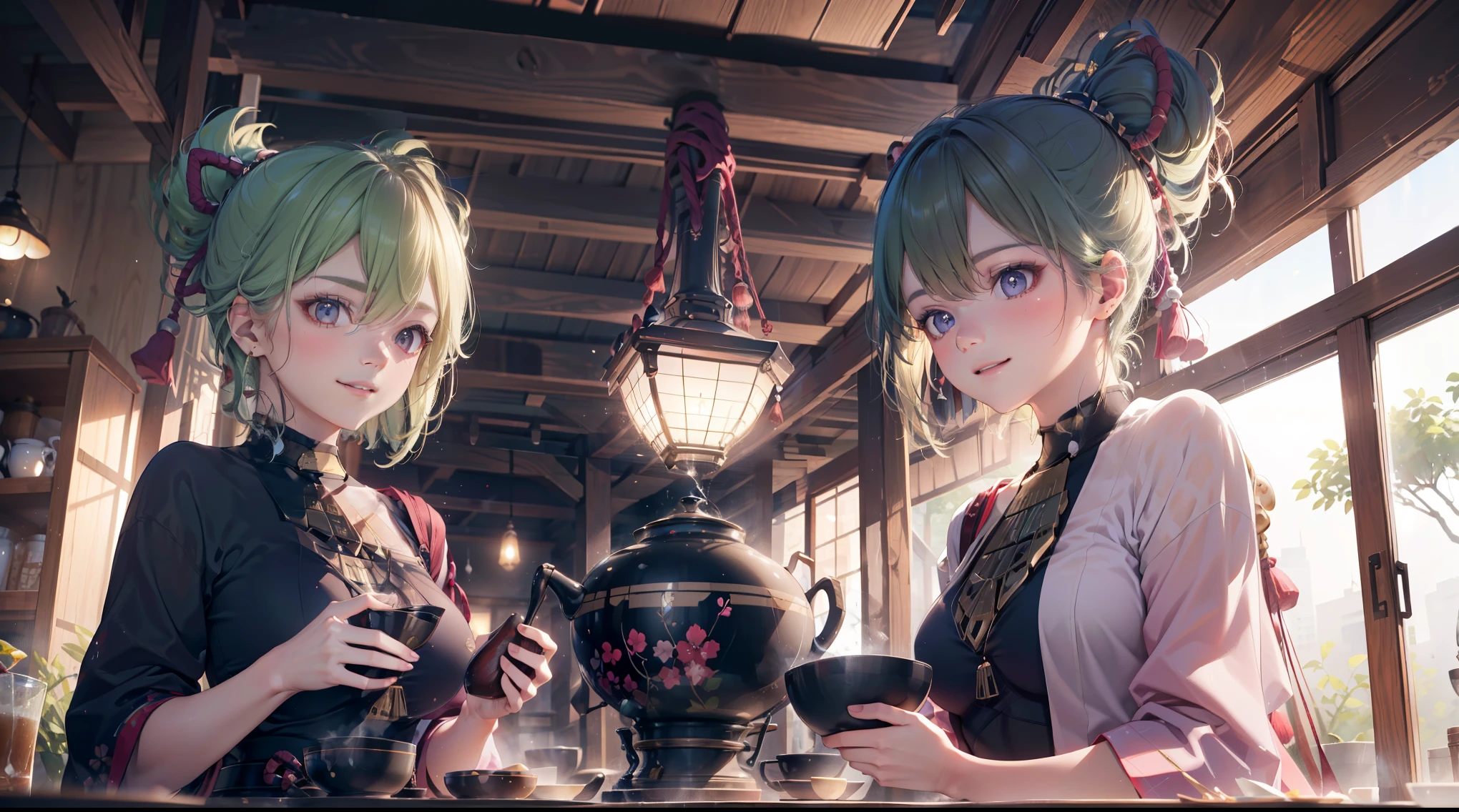(best quality,8k,highres,masterpiece:1.2),(realistic,photorealistic,photo-realistic:1.37), ในตาสีม้วง, ชุดเมดแบบคลาสสิค, traditional Japanese bakery,beautiful detailed eyes,happiness,glowing eyes,smiling,peaceful atmosphere,traditional Japanese clothes,working(คุณภาพดีที่สุด,เต็มรูปแบบ,โฆษณา:1.2),แสงสว่างและอบอุ่น,หวานง่มงวง,ความสุขบริบูรณ์,รอยยิ้มสดใส,sakura tree,tranquil,aroma scent,dreamlike,vivid colors,subtle lighting,traditional Japanese tea set,lively ambiance