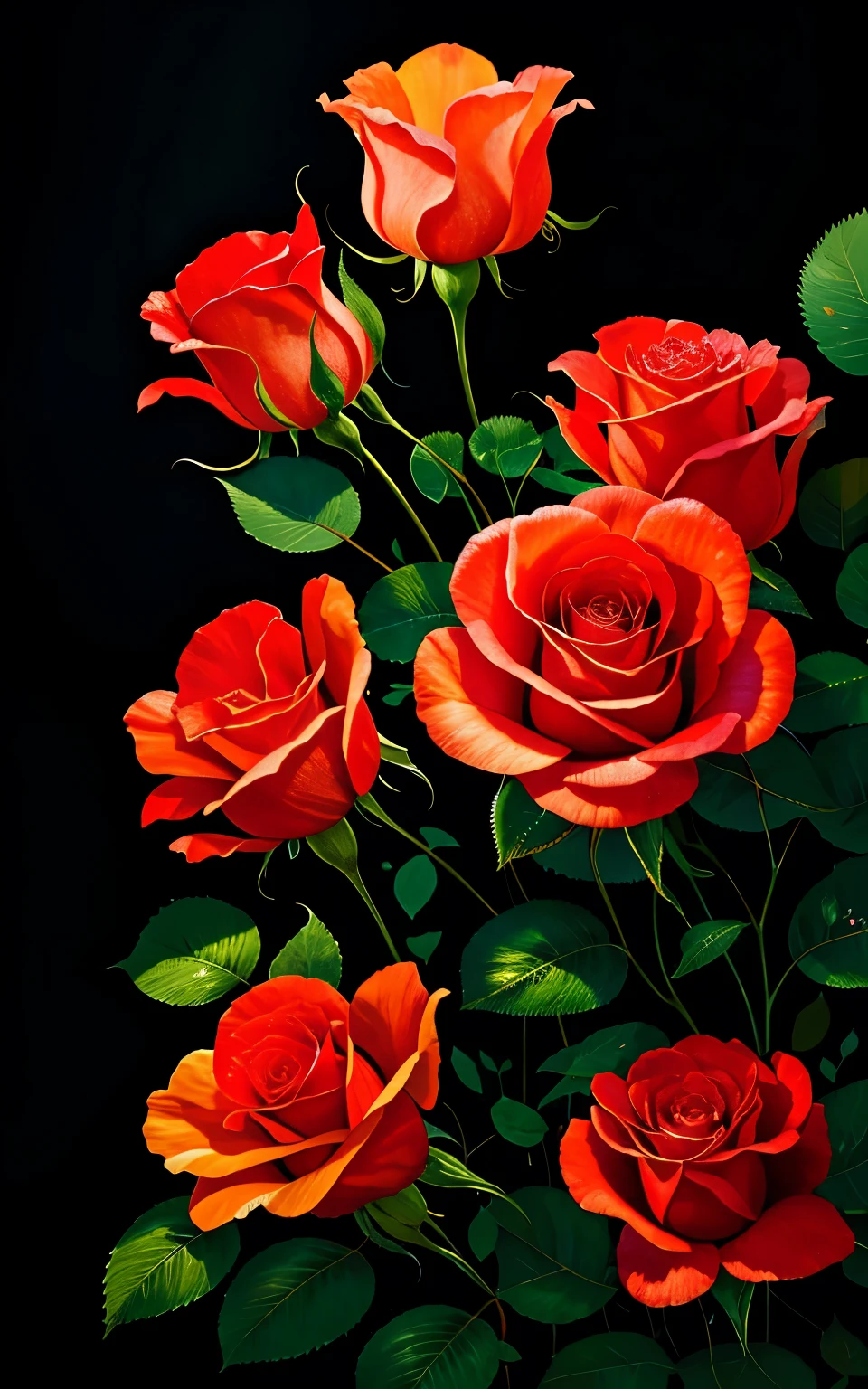 (scarlet rose+Transparent flowers),(Petals shining in the light),Stronger contrast、Highlight Intensity、Beautiful reflected light、bright background, dark foreground, magical light stream, Silver vapor surrounding the guardian cloud, 8K resolution, great visual enjoyment.