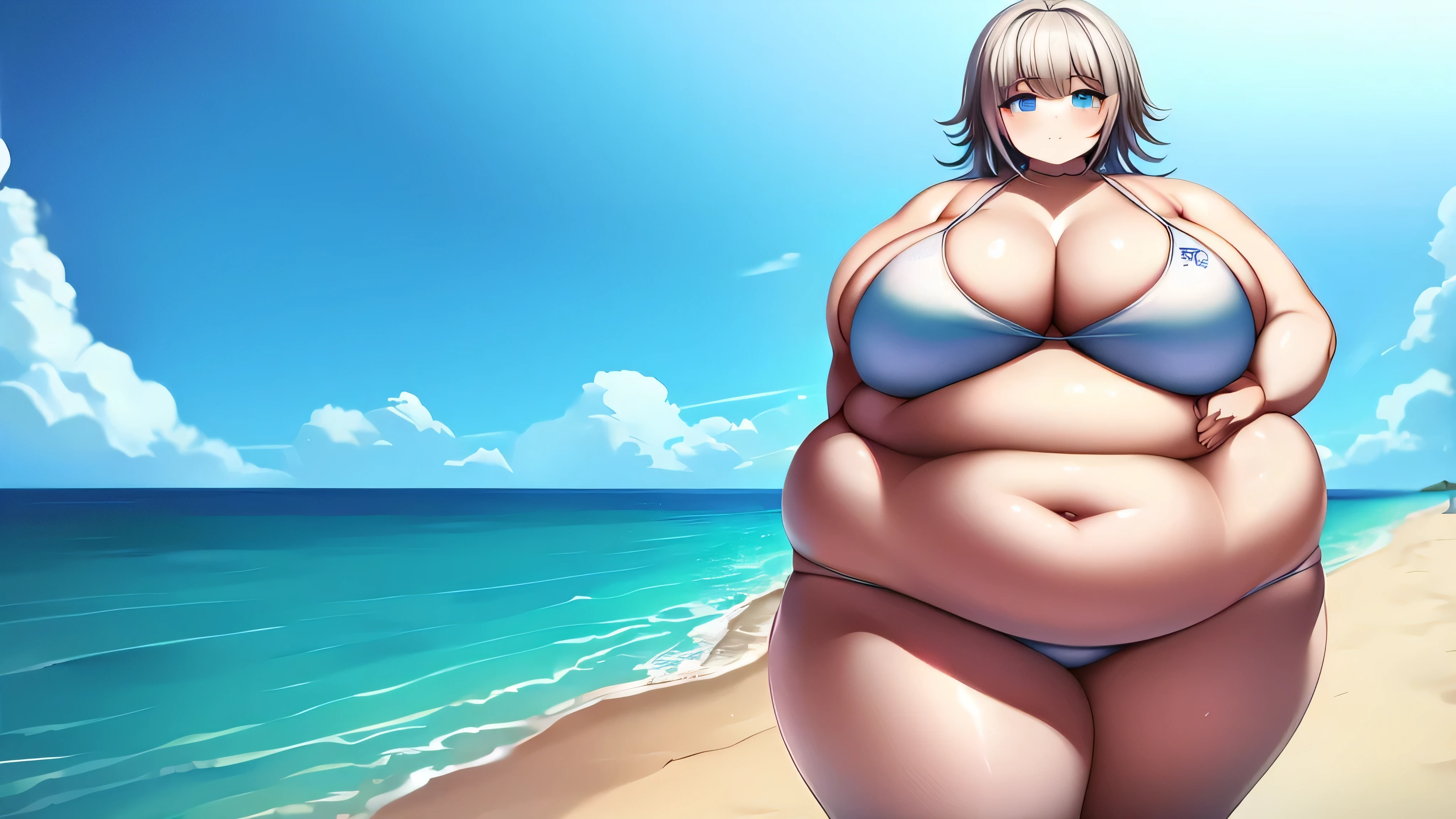 1 garota, chiaki nanami, Danganronpa, Small white bikini, neutral expression, obeso, barriga enorme, coxas gordas, Seios rechonchudos, entrando em um restaurante em uma praia muito ensolarada, abrindo a porta da frente, detalhado, detalhado face, pele brilhante, pele molhada, anatomia perfeita