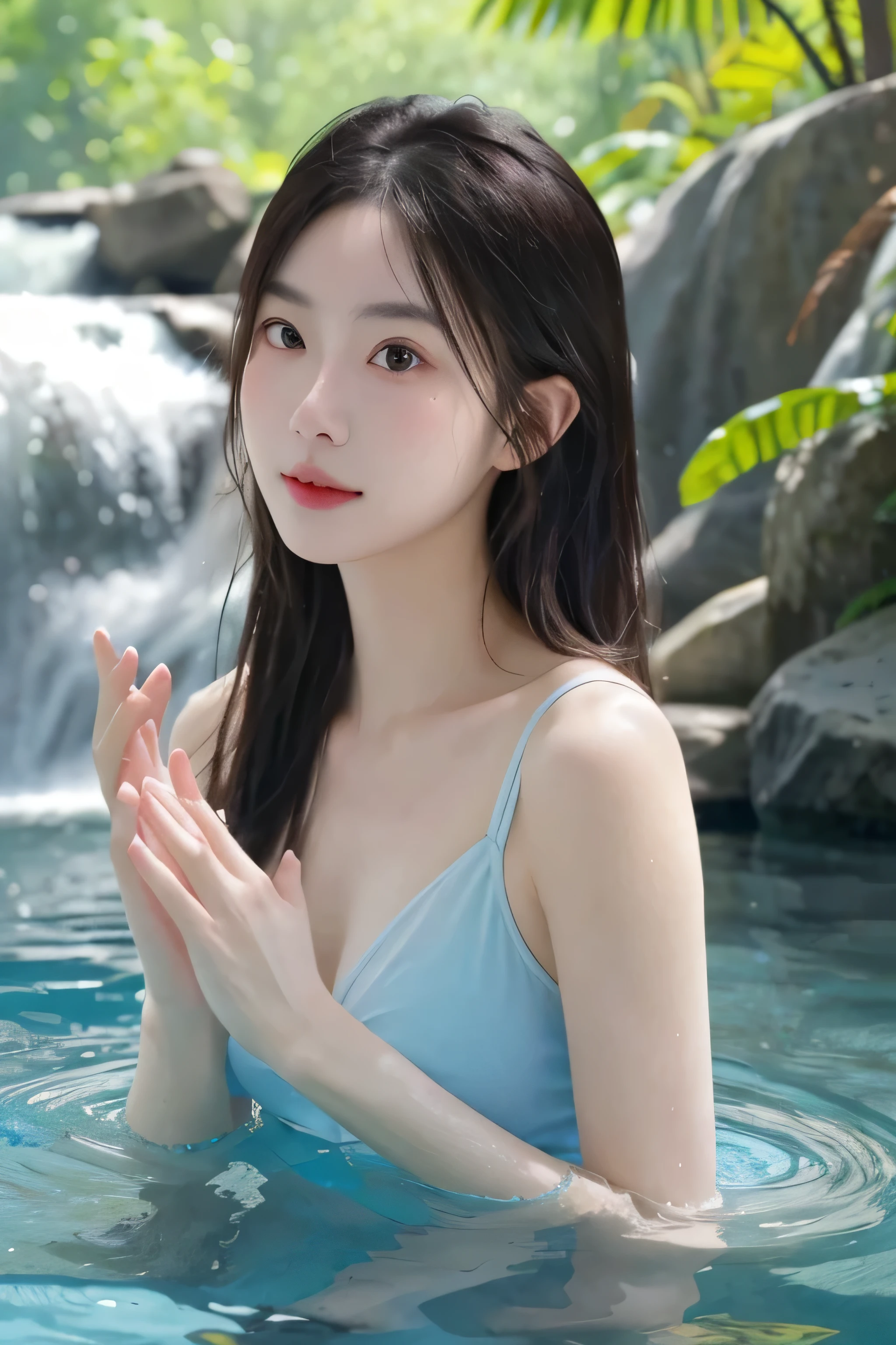 1 girl, (8k, original photo, lifelike: 1.25), Collage style, (lip gloss, eyelash, shining face, skin shiny, best quality, ultra high resolution, depth of field, Color difference, Caustics, wide lighting, natural shadow, long black hair,small breasts) The viewer’s eyes are calm, Goddess-like euphoria, (masterpiece), best quality, 1 girl, alone,look at the audience, upper body shot, portrait, the art of mathematics, beautiful, illustration, Popular topics on Artstation, Recommended on pixiv. A hidden masterpiece,The young woman followed the sound of gurgling water into the depths of the woods. Emerging, She discovers a fascinating waterfall, Pure seawater flows gracefully into the crystal clear swimming pool. Fascinated, She dipped her fingers into the cold water, Feel a deep connection to the fascinating beauty of nature,Light blue transparent swimsuit