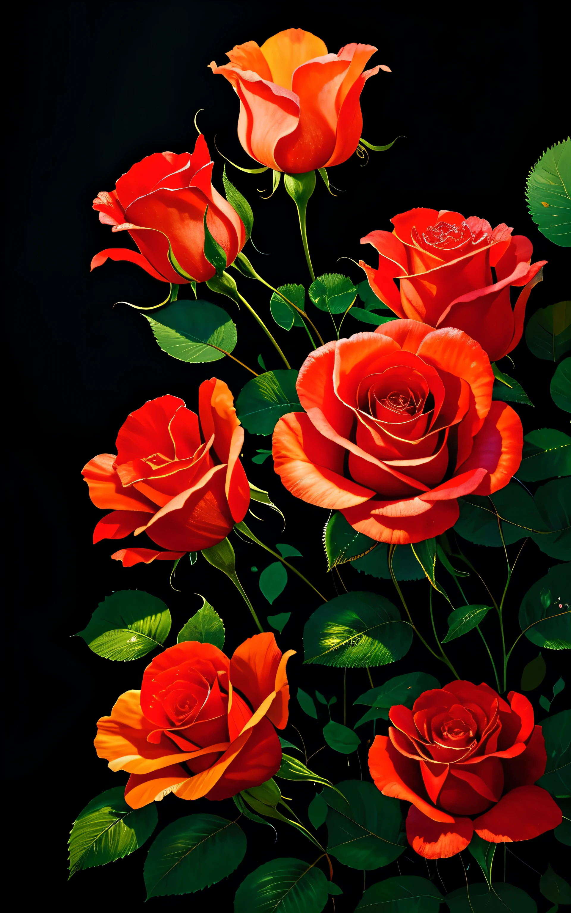 (scarlet rose+Transparent flowers),(Petals that shine in the light),stronger contrast、Highlight Intensity、Beautiful reflected light、bright background, dark foreground, magical light stream, Silver vapor surrounding the guardian cloud, 8K resolution, great visual enjoyment.