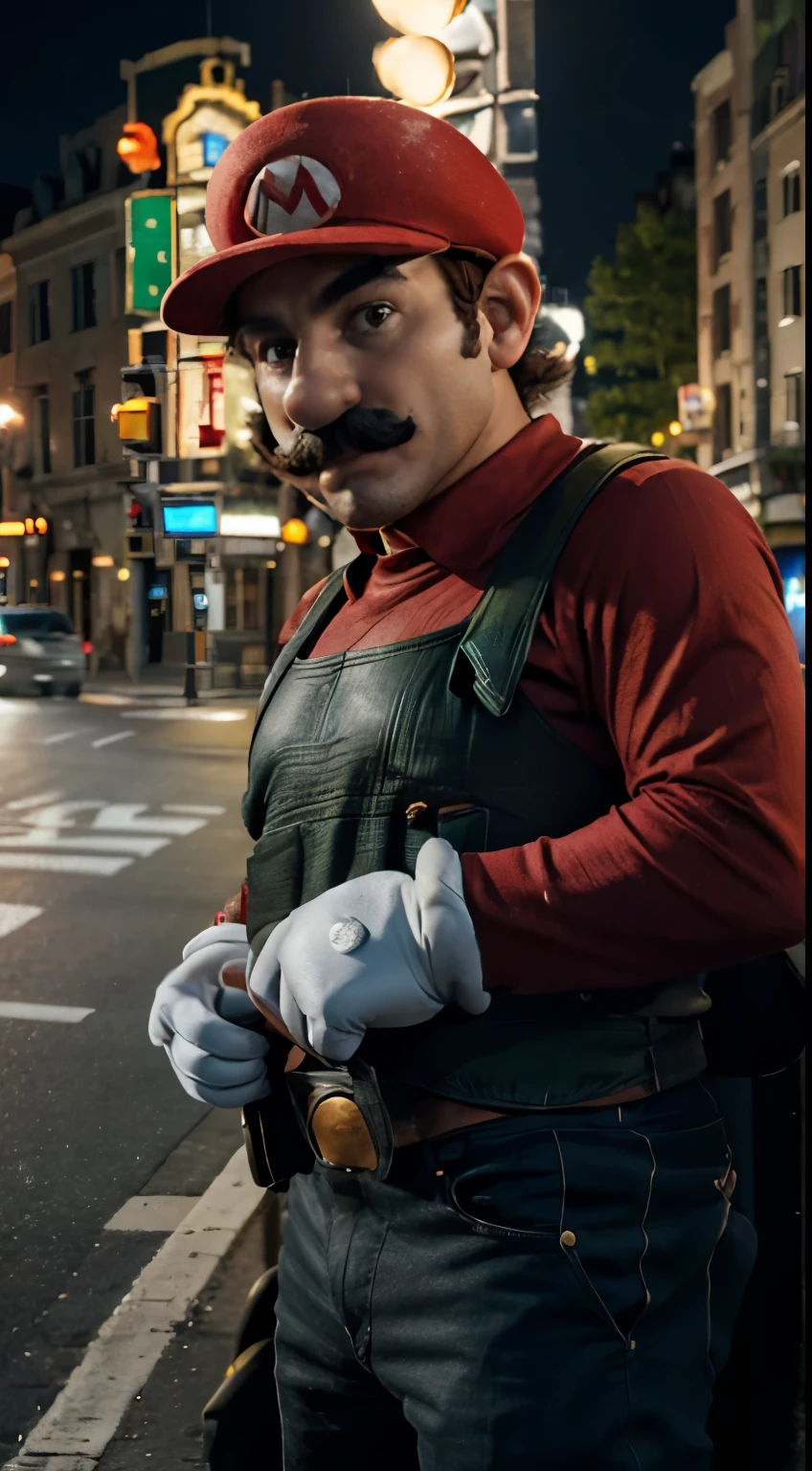 Masterpiece, Highest Quality, Ultra-Detailed, Hyper-Real, ((mario bros)), Perfect Face, FOTO FRONTAL, cinematic lighthing, full body, (red hat), In the middle of the traffic light