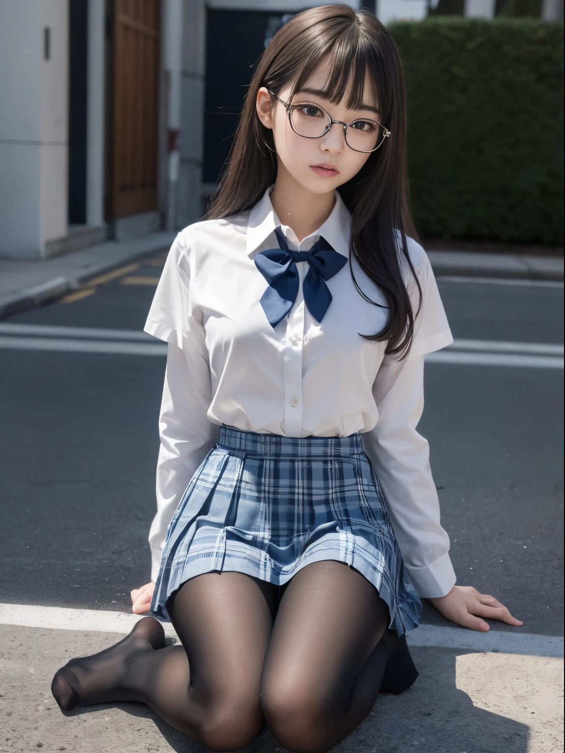 (((I can see my underwear)))、((細いeye))、((細いeye))、((細いeye))、(8K、生photographgraphy、highest quality、masterpiece：1.2),、small、(flat chest)、(flat chest)、(flat chest)、(flat chest)、(flat chest)、(Are thin)、Fair skin、Whitening、dark look、skinny,Fair skin肌,Saucy,Schoolの,looking at the viewer,looking straight ahead,high-pitched clothes,erotic,students,white skin,knees,(((black pantyhose)),((black pantyhose))),disorganized,(small face),(small face),I can see the forehead,Bangs hanging from the left and right sides of the forehead,(cold look,eyeがきつめ,glare,bullish,anger)、masterpiece,highest quality、ultra high resolution,生photograph,beautiful,beautiful,There is only one person, solo,Glasses,,dark look,small breasts same,full body,(まるGlasses),JK uniform,high school girl,japanese woman, （photorealistic：1.37）、School、photon mapping,Reality、beautiful woman,cute baby face,ブラウンeye、black socks、(red bow tie)、radio city、Physically based rendering、depth of field rally background、photograph,body,beautiful feet, long legs, thin legs,(I can see my bangs), Hairy pubic area, lips, blue_eye, nose soft,(light blue dress shirt), (Navy, blue and white plaid pleated skirt), kneesが見える,transparent clothing,, Peaches, black cotton socks,Nogizaka Idol, , japanese idol