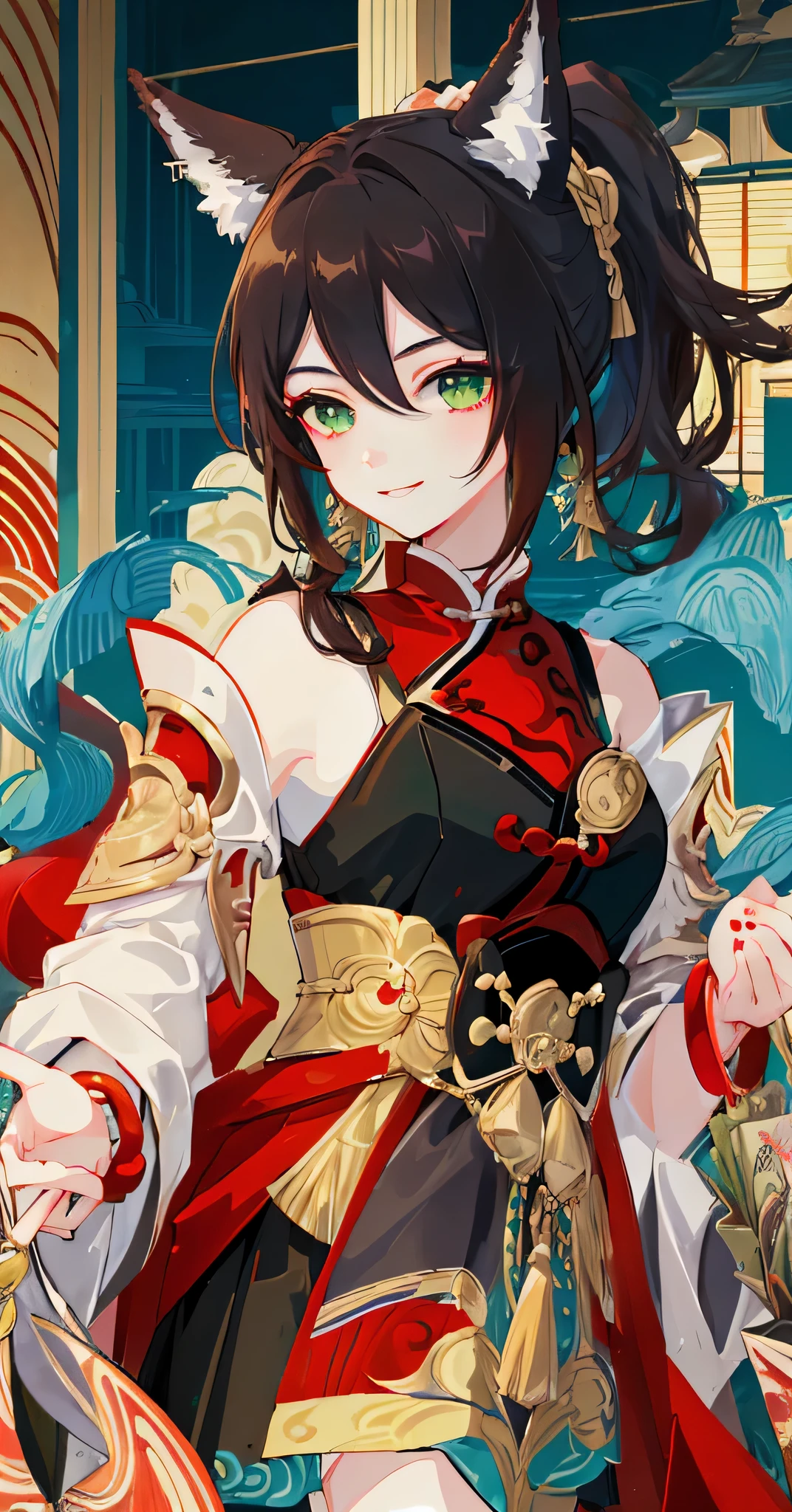 (masterpiece, top quality, best quality, Official Art, Beauty and Aesthetics: 1.2), (flat color: 1.3), Very detailed, Detailed face and eyes, movie lighting, SFW, japanese manga, depth of field, 1 girl, Smile, alone, Official, brown hair, fox ears, ponytail, hair accessories, green eyes, red eye shadow, jewelry, Slit sleeves, Moderate , skirt, Tail, bracelet, One Tail, Open your mouth slightly, Chinese style background, bling, Girl listens to money bag