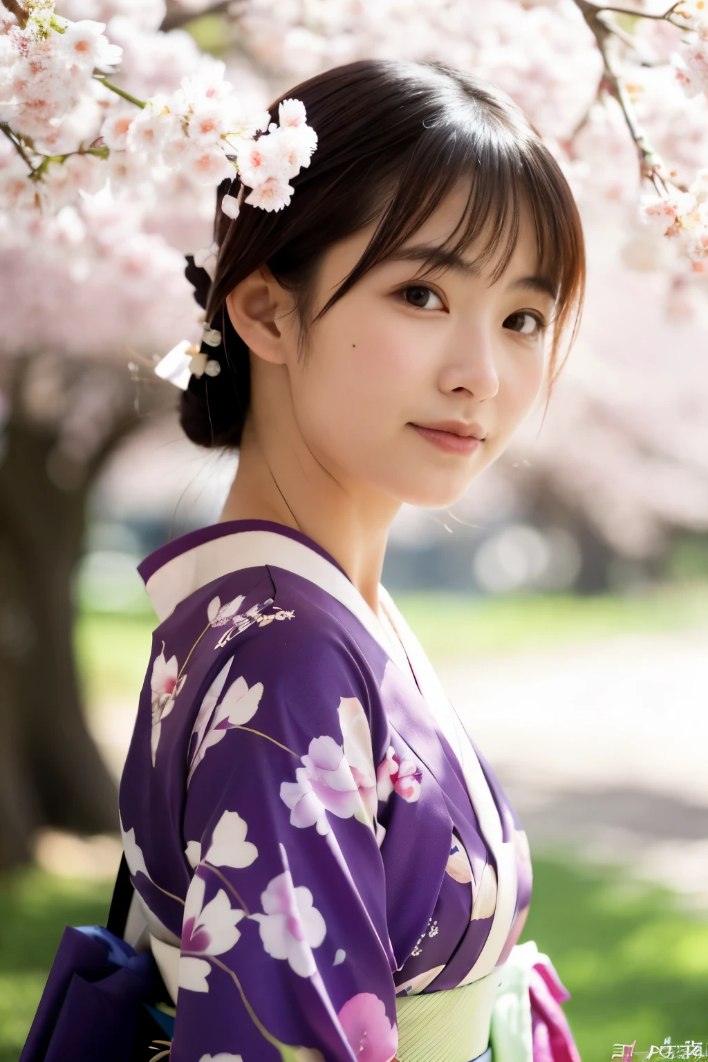 Japanese woman wearing a kimono and standing under a cherry tree((highest quality)), ((masterpiece)), (be familiar with), perfect face